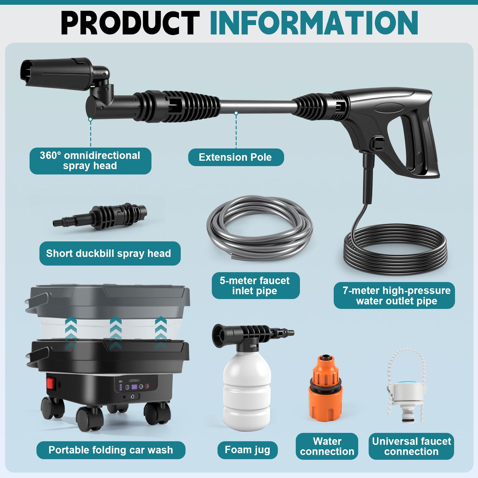 Limpiador a Presión Inalámbrico con Ruedas, Depósito 13L, 4000 mAh | 380W, 36 bar, Limpiador Portátil, 7 Velocidades, 2 Boquillas, Manguera 7 m, 5 m, Jarra de Espuma