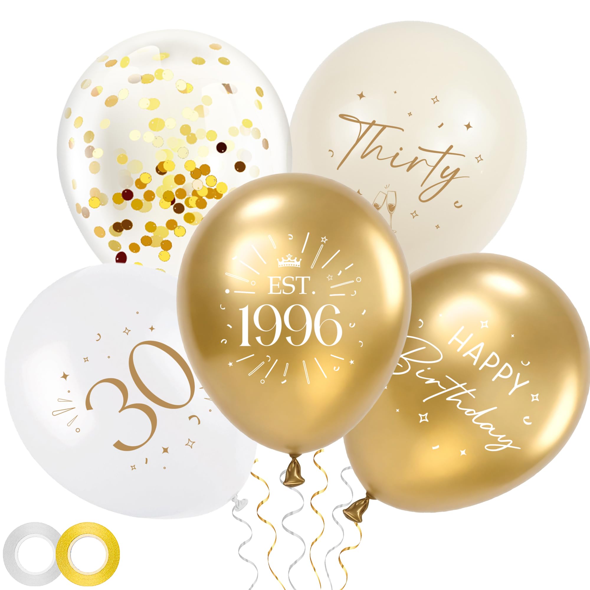 30th Birthday Decorations Party Balloons - 30pcs White Gold 30 Balloons for Women, Thirty Latex Balloon with Ribbon for 30 Year Old Party