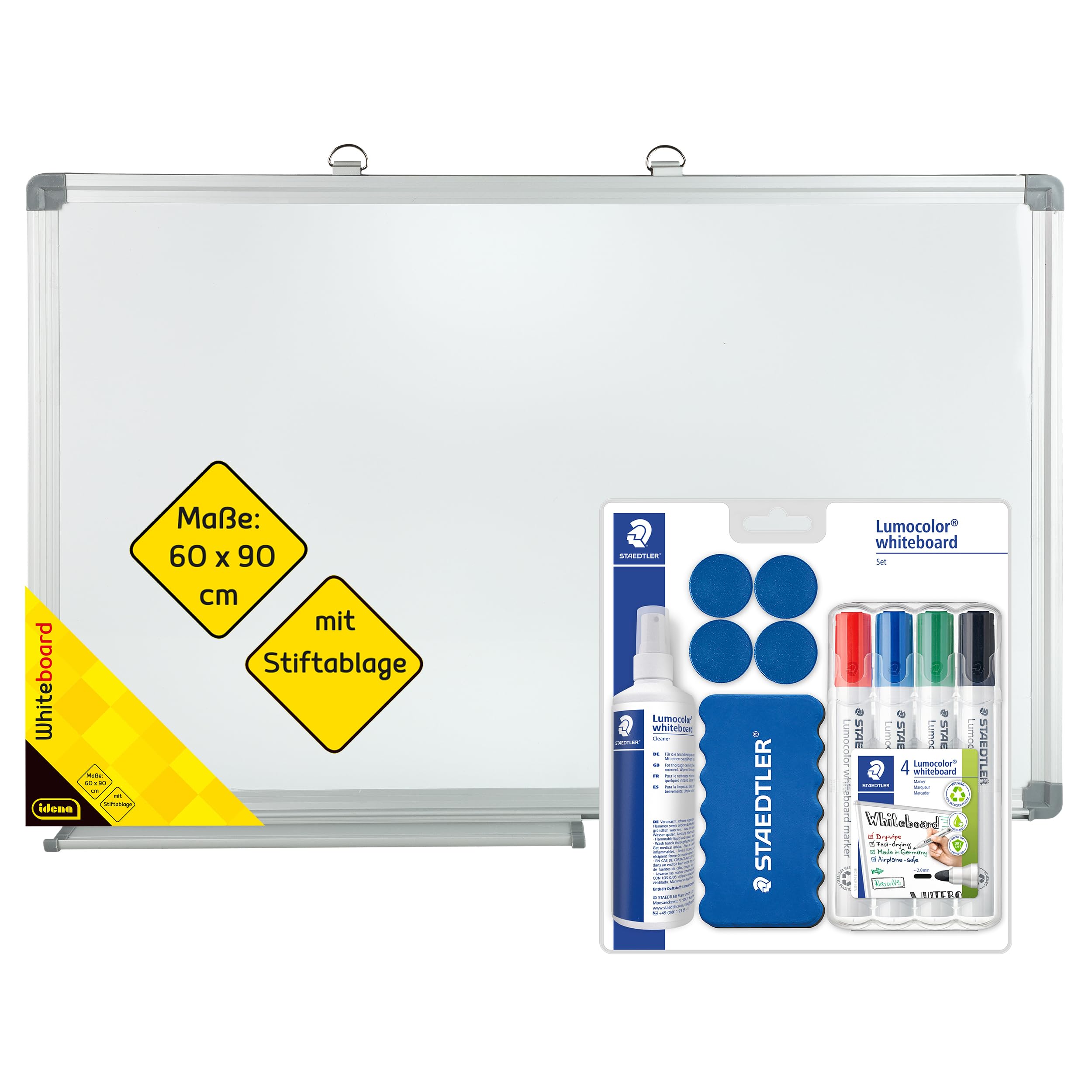 Idena 90881 - Tableau blanc avec plumier, env. 90 x 60 cm, incl. 4 marqueurs pour tableaux blancs STAEDTLER Lumocolor, effaceur, spray de nettoyage 250 ml & 4 aimants