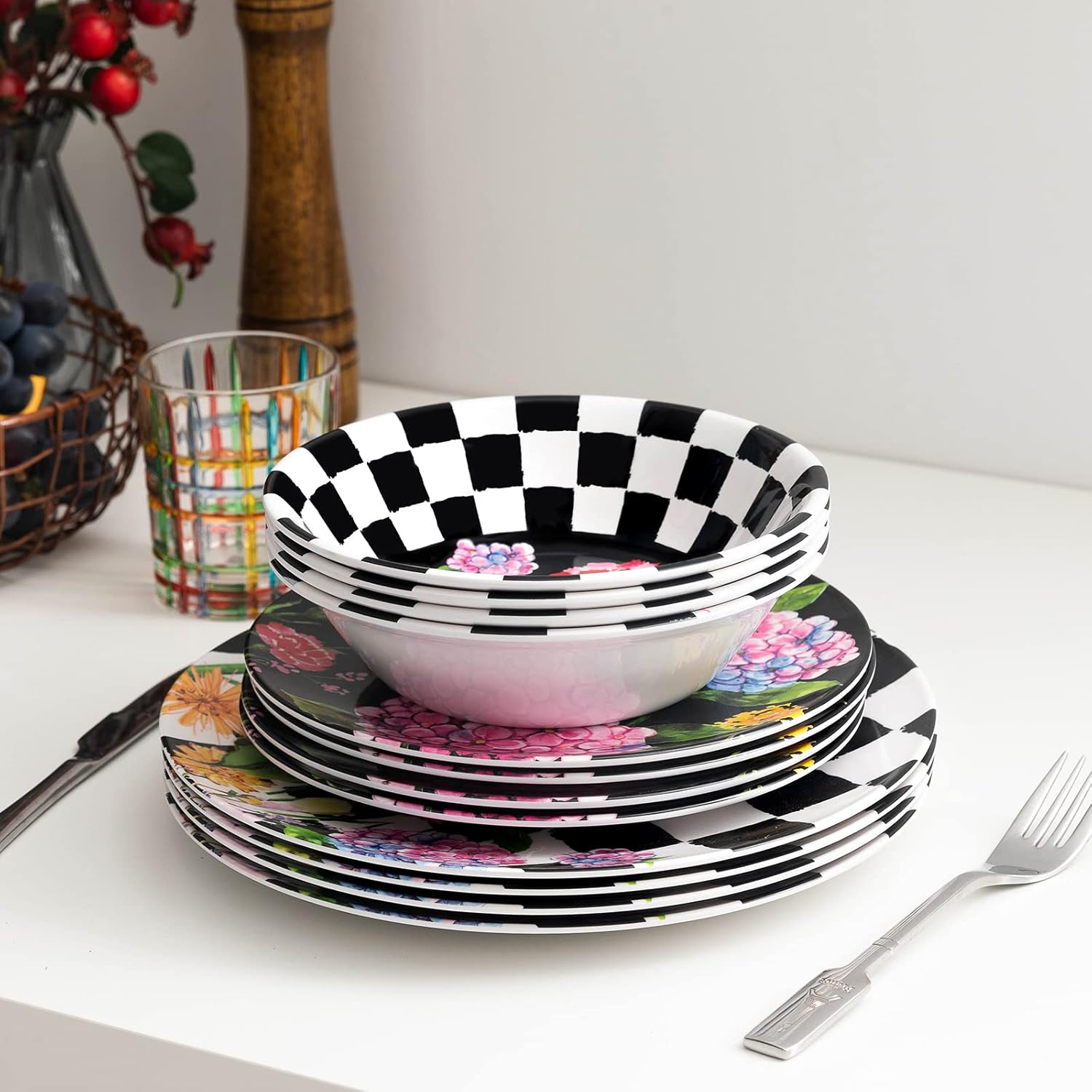 LEHAHA Sunflower 12-Piece Melamine Dinnerware Set Include Plates/Dishes and Bowls, Service for 4, BPA Free and Unbreakable Black Plaid Floral Dish Set for Indoor and Outdoor Use…