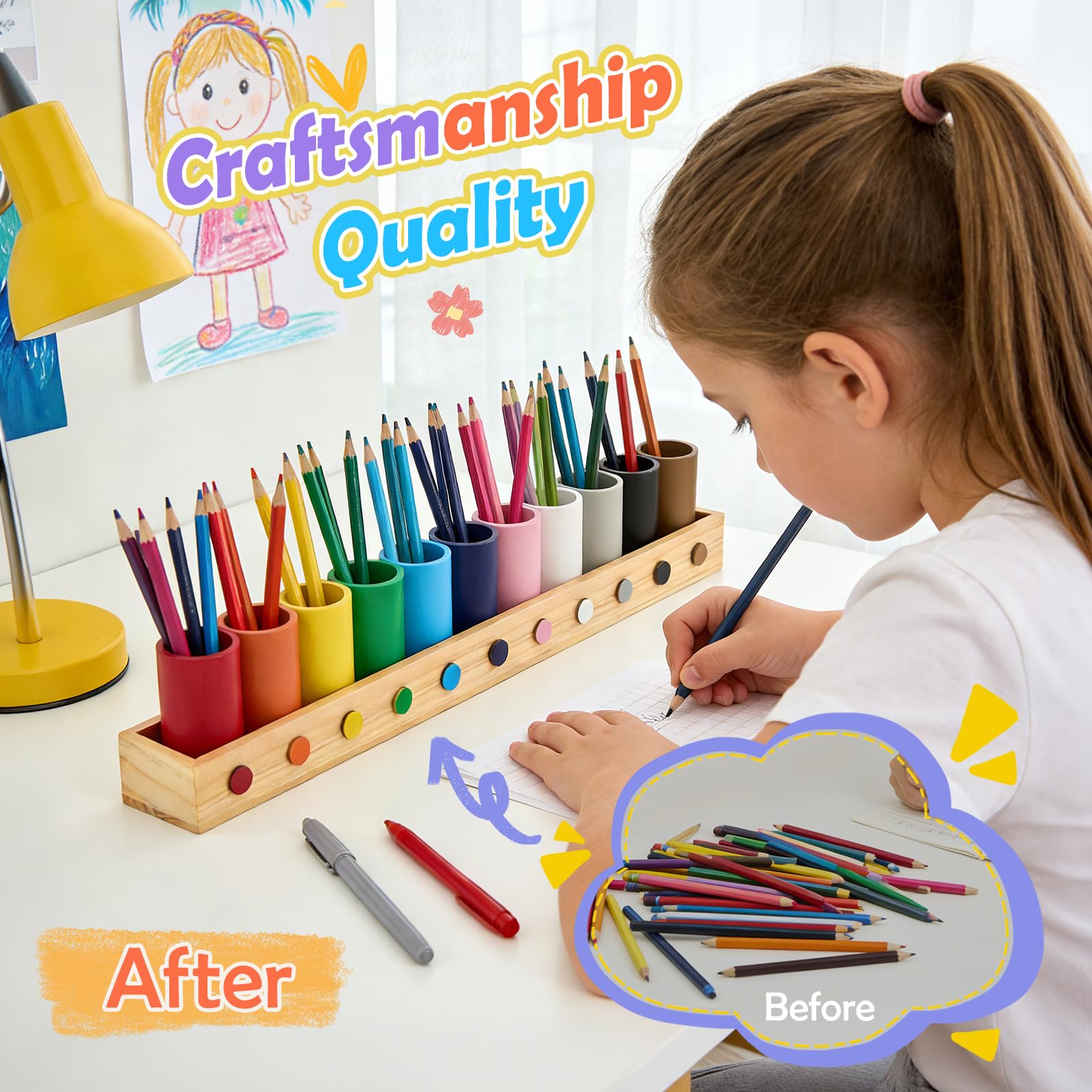 Portapenne e organizer da scrivania in legno massiccio, 11 scomparti, 46 x 5,8 x 8 cm, in legno con finestrelle, portapenne per scuola, home office e cameretta dei bambini