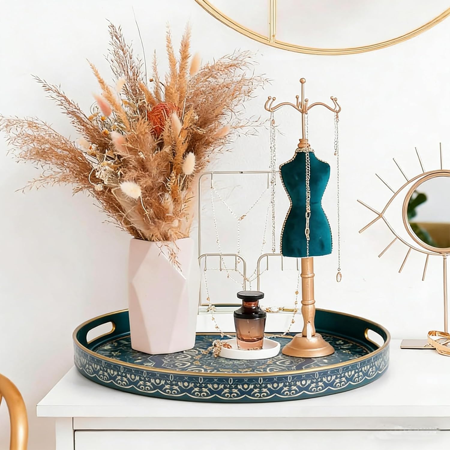 Round Serving Tray with Handles - Large Round Ottoman Tray Coffee Table Tray,Plastic Decorative Trays for Coffee Table,Boho Ottoman Trays for Living Room