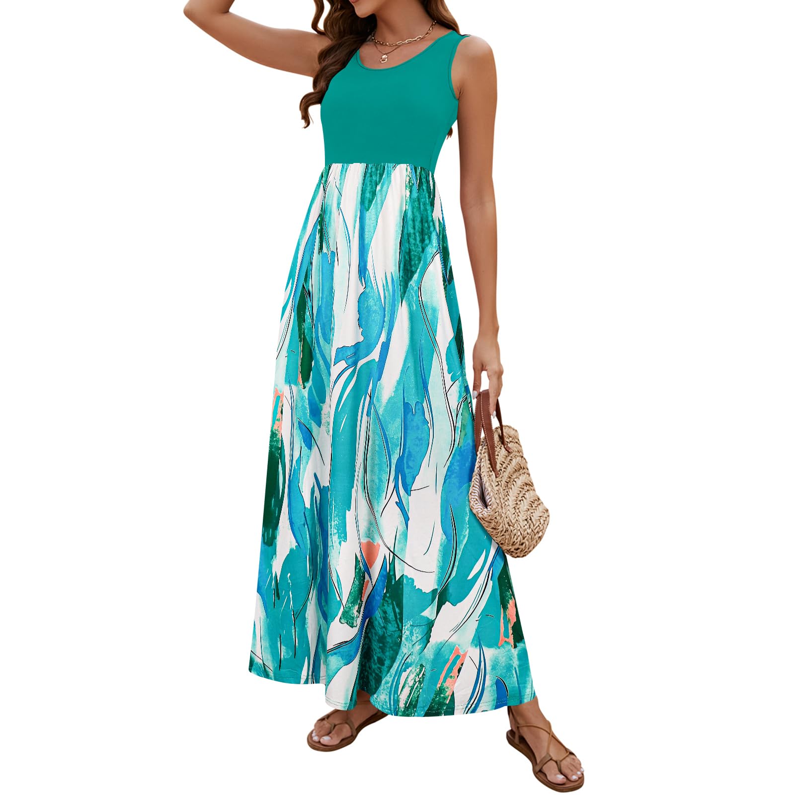 Sherosa Women Boho Chevron Striped Floral Printed Summer Sleeveless Tank Long Maxi Party Dress