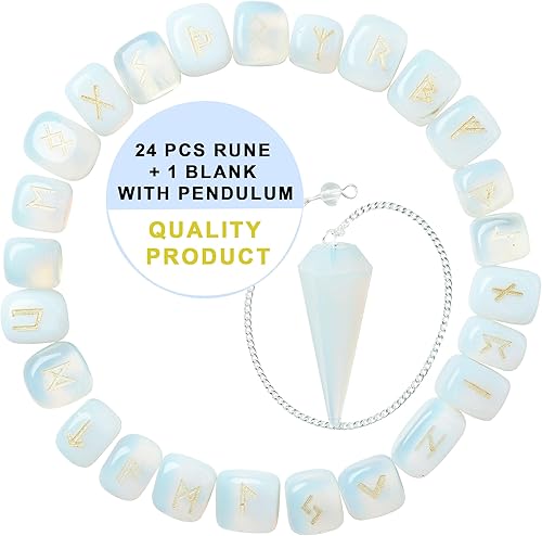 Crocon Juego de piedras preciosas grabadas de jade verde (25 piezas) más de 950 quilates con alfabetos Futhark de saúco y 1 péndulo de meditación