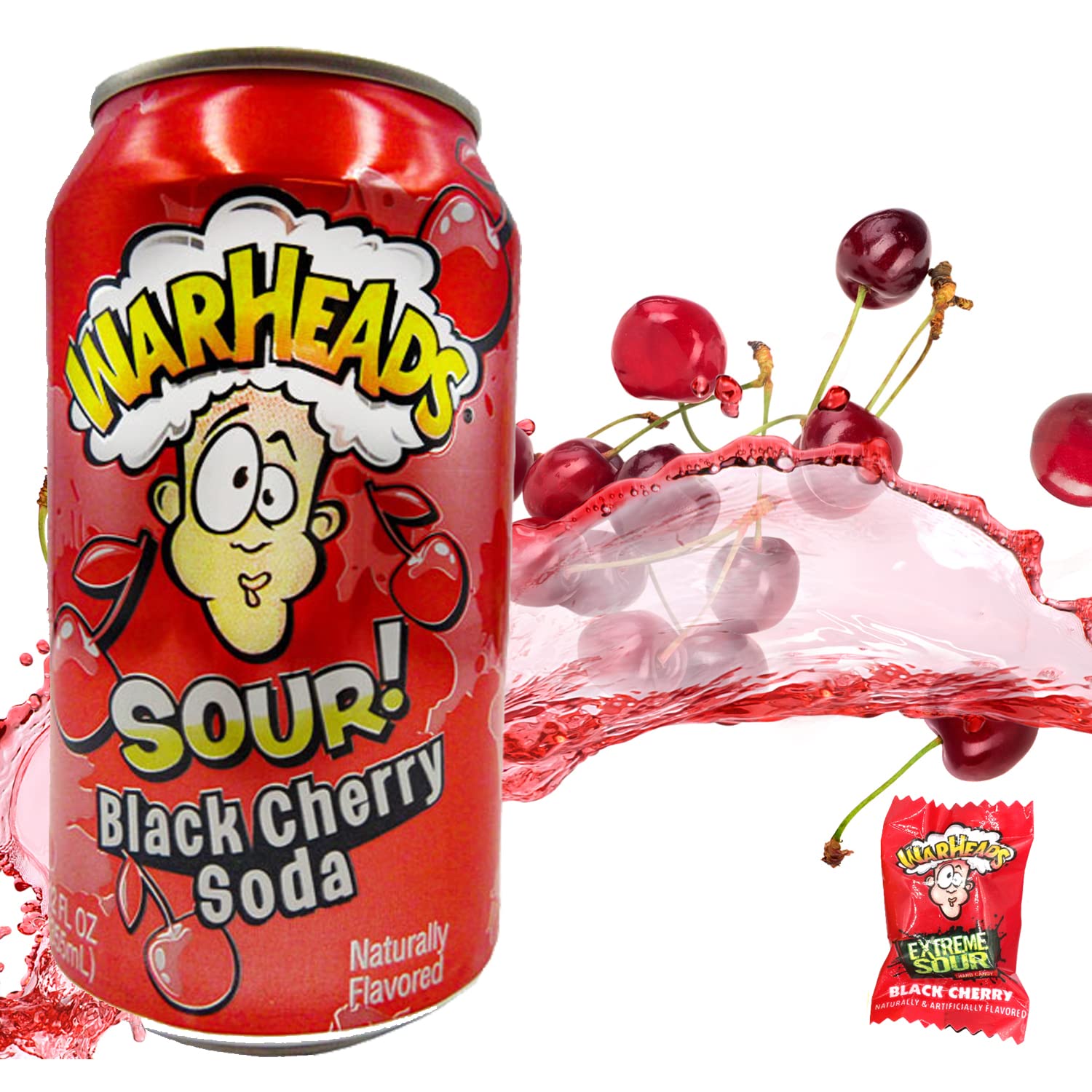 Snack Hut Warheads Sour Soda Pop Variety Pack, Five - 12 oz. Cans Warheads Extreme Sour Candy - Blue Raspberry, Black Cherry, Lemon, Green Apple, Watermelon and 5 Pieces of War Heads Candy