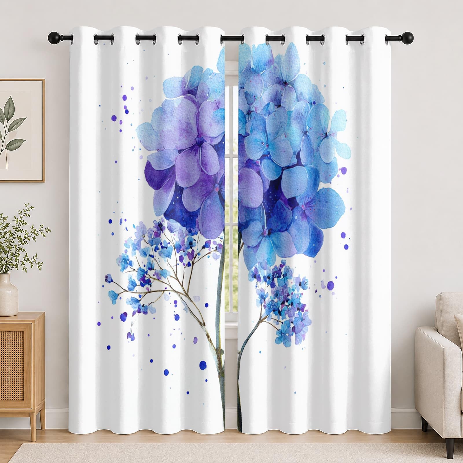 Genérico Cortinas Opacas 140An x 260Al cm (2 Paneles), Plantas Flores Hortensias Visillo Reductoras Acusticas Antiruido Ojales Dormitorios， Blanco Cortina Termicas PoliéSter para Sala de Estar