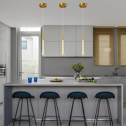Miniatura 2 de Moderna lámpara de techo para cocina, lámpara colgante LED regulable dorada con mini lágrima de cristal para cocina, isla, dormitorio, entrada,