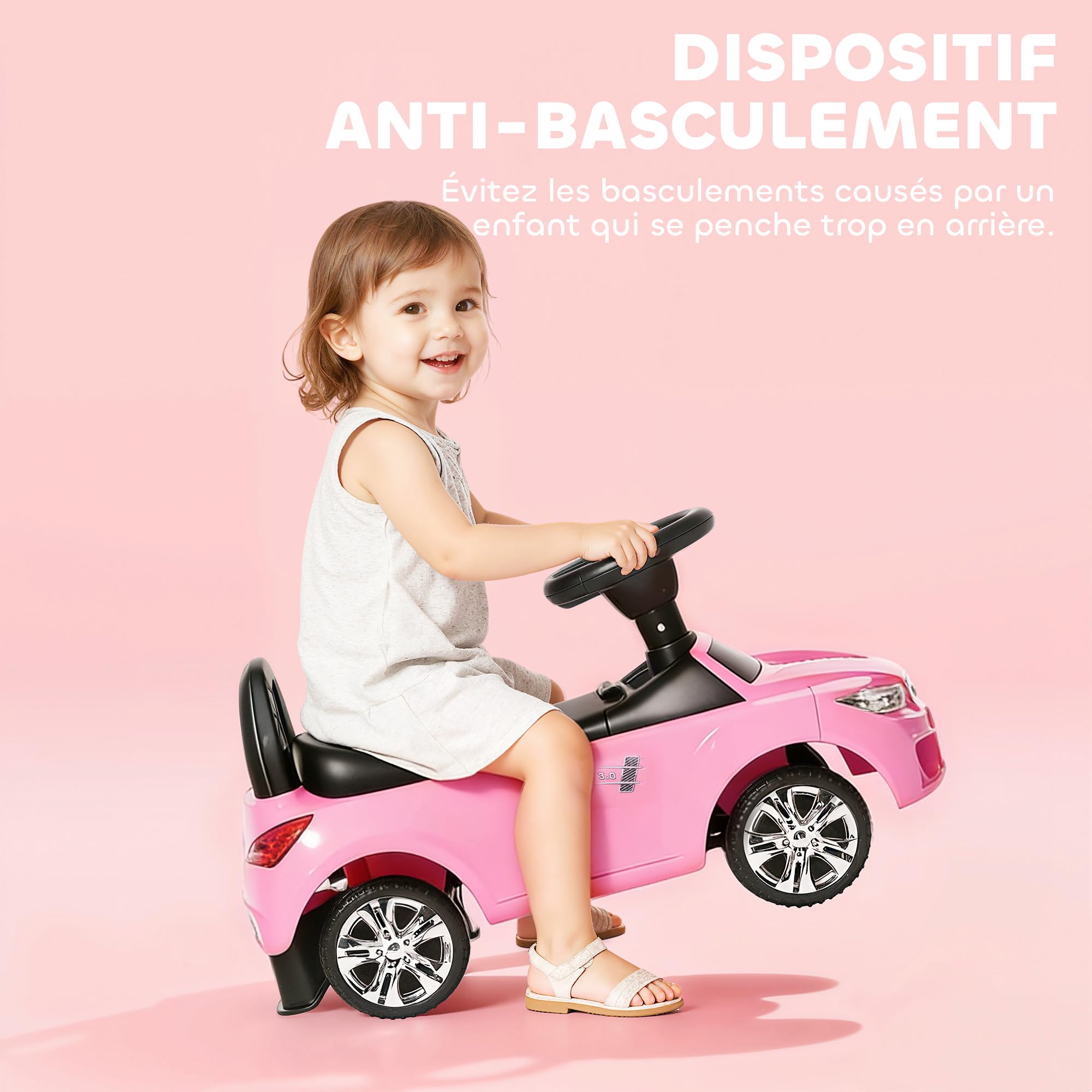 HOMCOM Voiture à Pousser Enfants avec Coffre à Jouets, Klaxon, Phares, Musique, 18-36 Mois, Rose