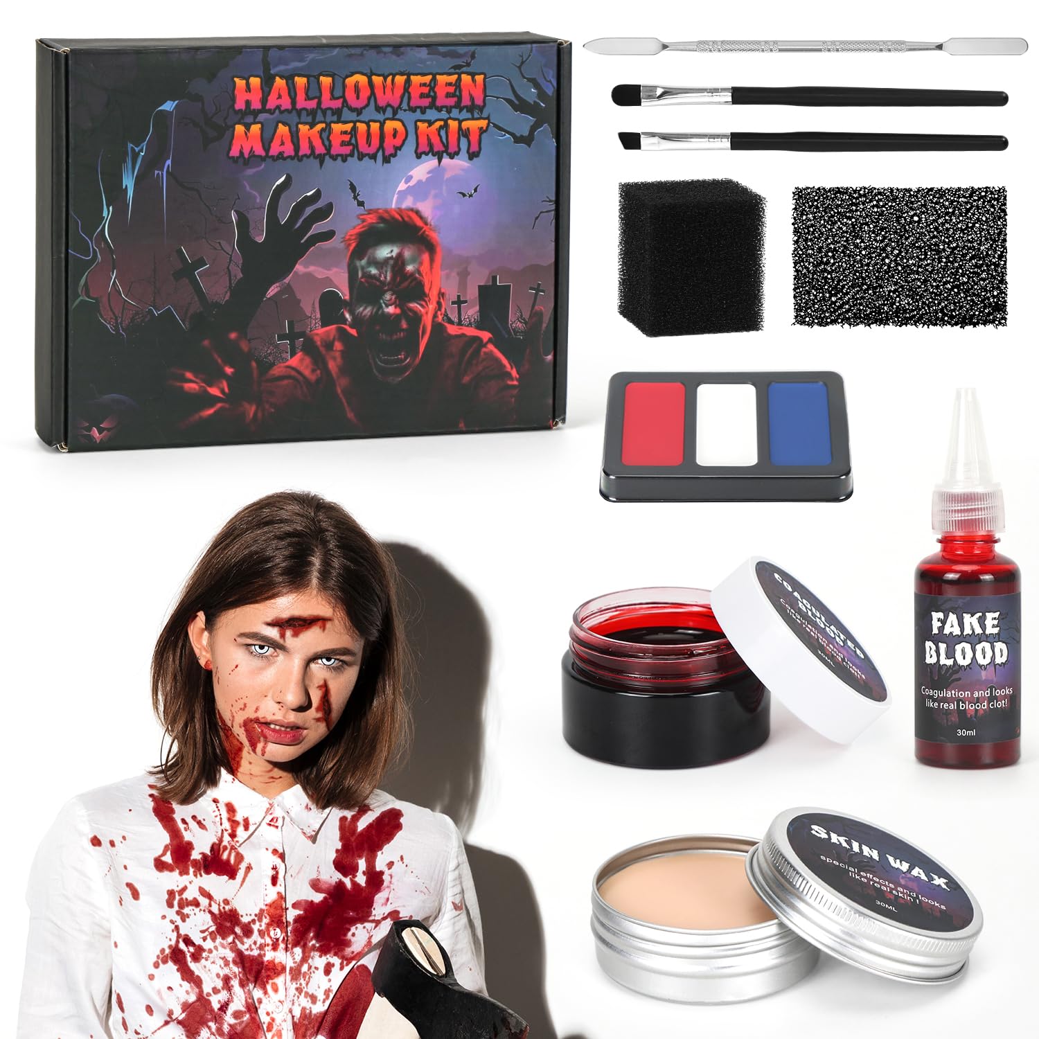 Halloween Schminke Set Für Erwachsene Und Kinder – Inkl. Kunstblut, Face Paint (Schwarz/Weiß/Rot), Narbenwachs & Pinsel – Perfekt Für Grusel-Make-up Als Clown, Vampir Oder Zombie