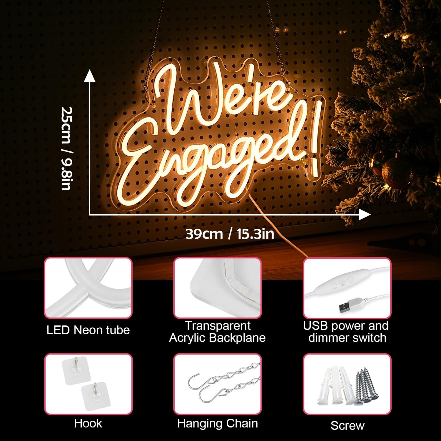 We're Engaged Neon Sign, Valentine Love Sign, Warm White Wall Decor Light, USB Powered Wedding Sign for Room