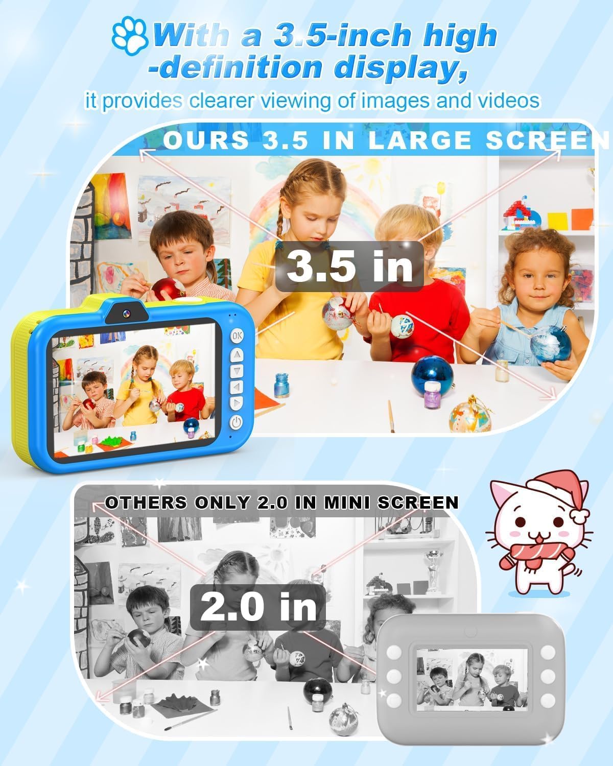 Kids Camera, 1080P 48MP Front Selfie Toddler Camera, 3.5 inch Big Screen Toy Camera, 10X Zoom in Chritmas Birthday Gift Cameras for Kids Boys Girl Age 2 3 4 5 6 7 8 9 10 11 12, Blue