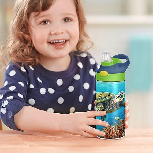 Miniatura 7 de Kigai Sea Turtle - Botella de agua para niños, botellas aisladas al vacío con tapa con popote, botellas de acero inoxidable a prueba de fugas para