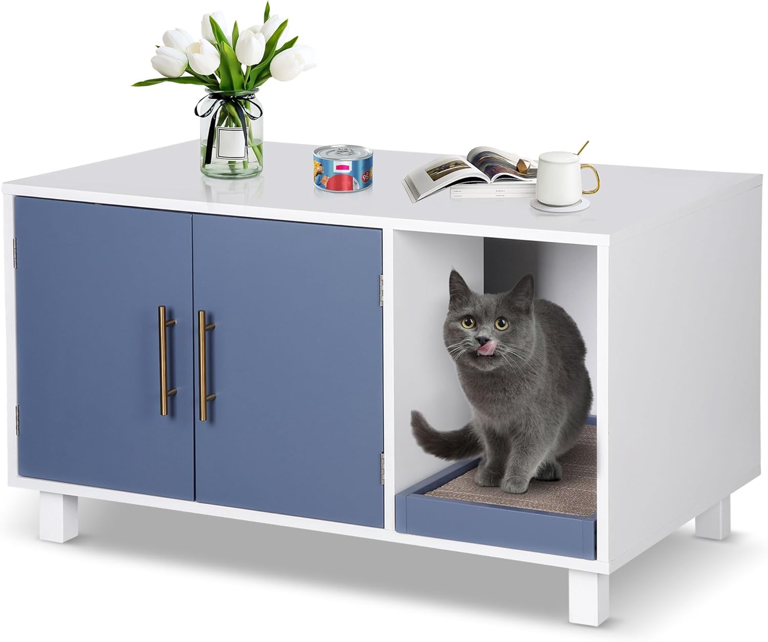 Pet Republic Cat Litter Box Enclosure Hidden Litter Box Furniture Wooden Cat Washroom Cat House Table Nightstand with Scratch Pad