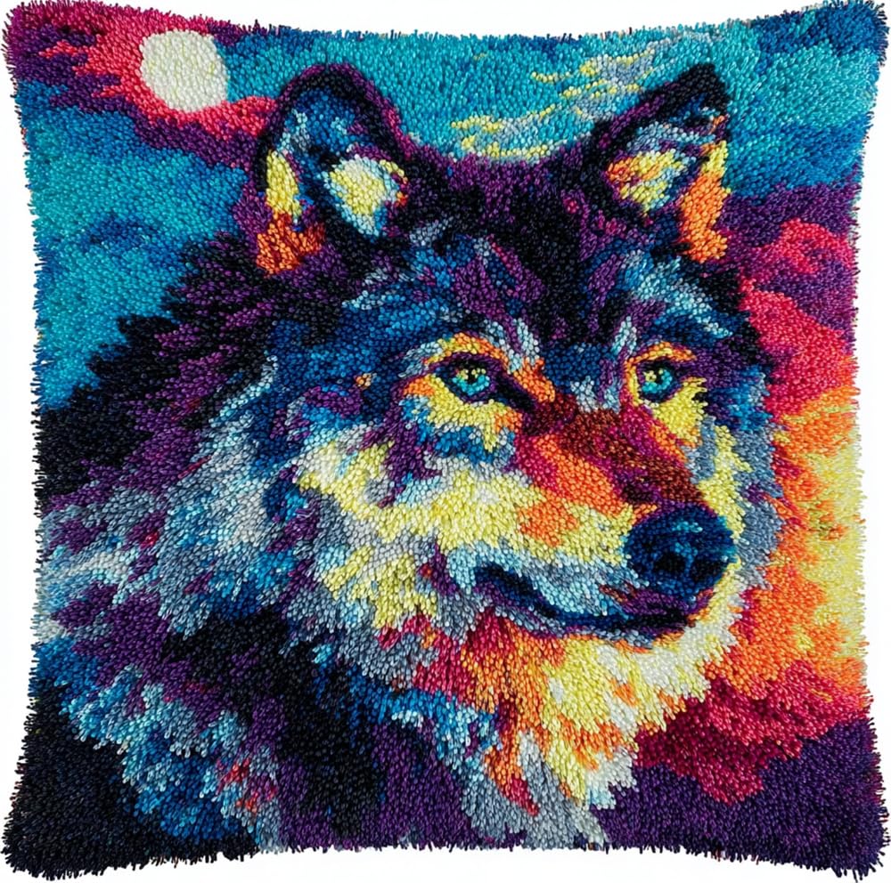 Latch Hook Pillowcase Embroidery Kit,Color Wolf Under Moon Latch Hook Cushion Cover For Adults And Beginners, 17X17 Inch Embroidery Kits 43X43Cm,Diy Needlework Pillow Cover Cushion Rug Makin