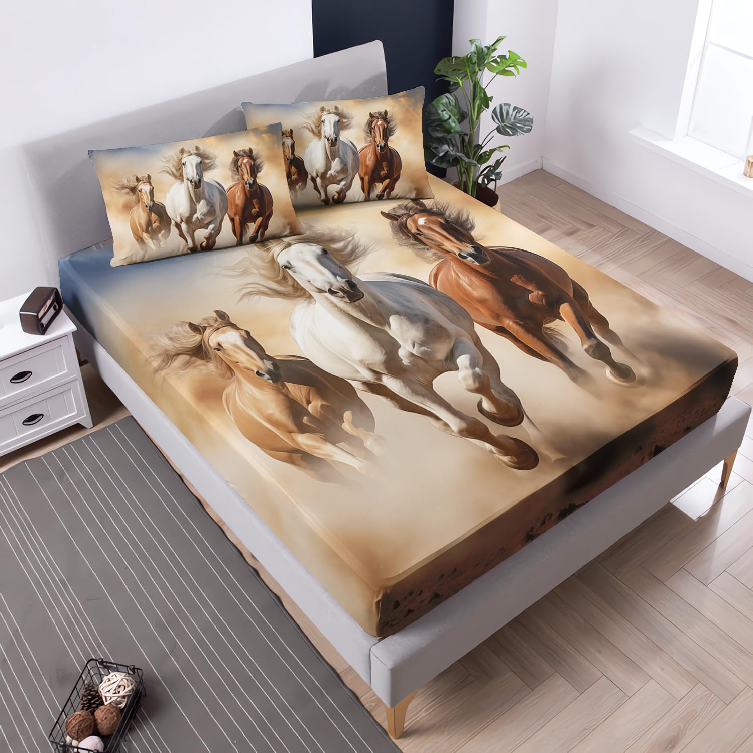Horse Bedding Western Fitted Sheets for Teens,Farm Animal Bed Set for Kids Boys Girls Room Horse Decor,Desert Theme Bedding Full Size Bed Set,1 Fitted Sheet+2 Pillowcases.