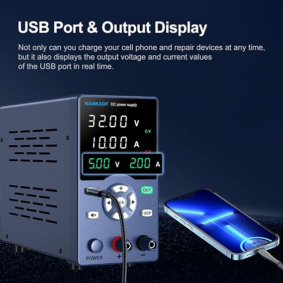 DC Power Supply, 30V 10A Variable Power Supply with Output Button, USB Fast Charging Port/Real-time USB Output Display, Bench Power Supply with OCP Short Circuit Alarm for Repair/Lab/DIY etc.