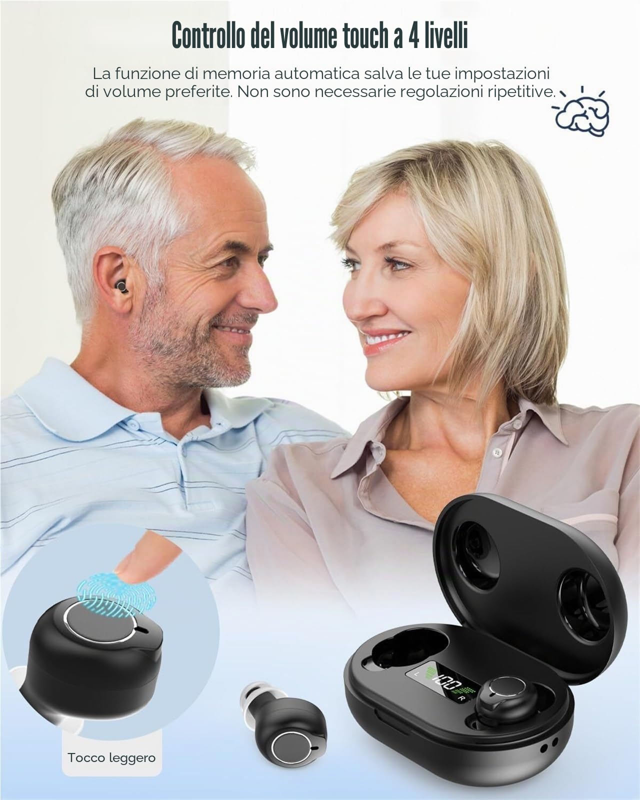 Amplificatore audio personale intelligente, design semi-intra-auricolare leggero, riduzione intelligente del rumore, avvio senza commenti, regolazione del volume touch, ideale per migliorare l'ascolto