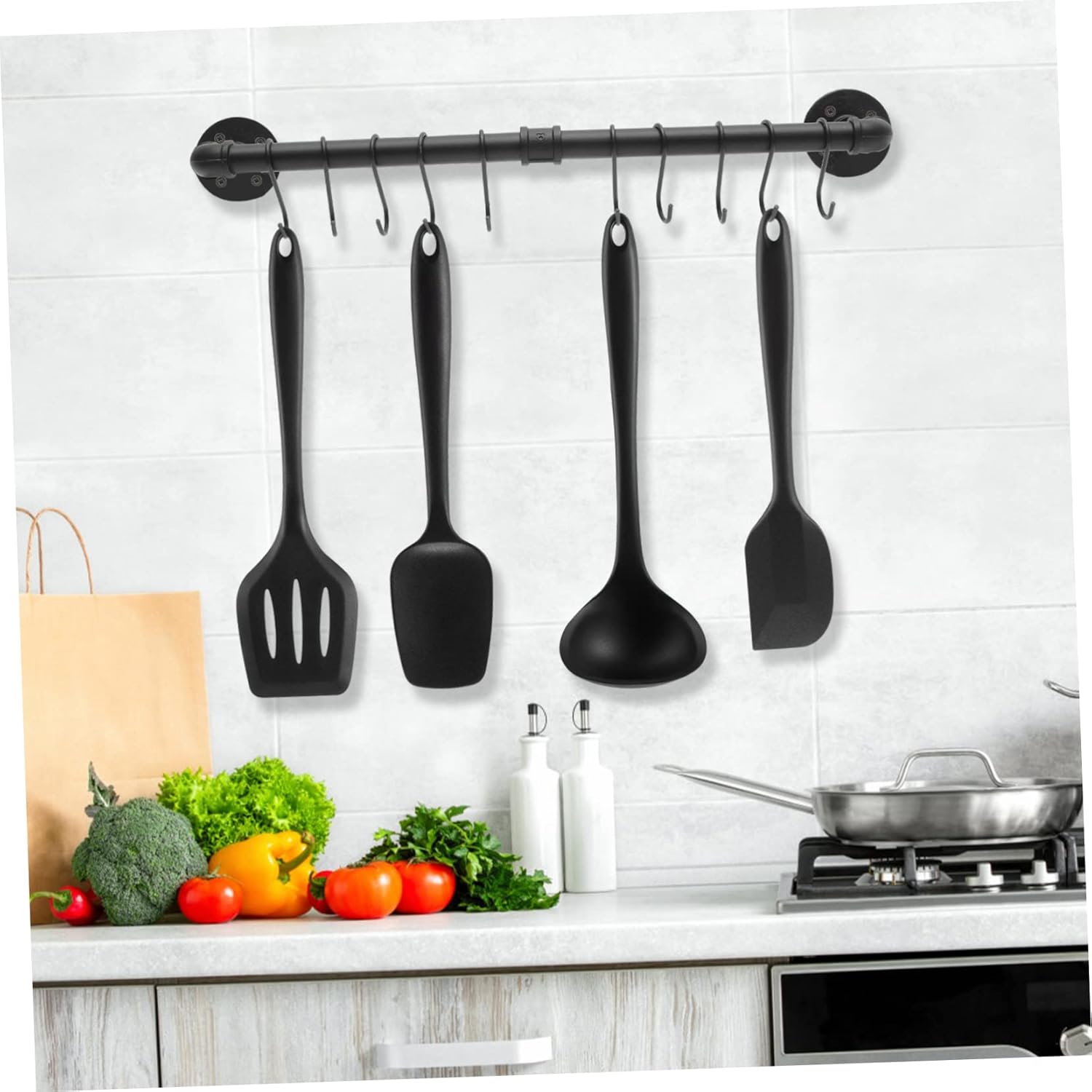 Kitchen Wall Rail Hanging Rack Pot Hanger Hooks Industrial Pipe Pot Pan Rack Kitchen Organizer for Utensils