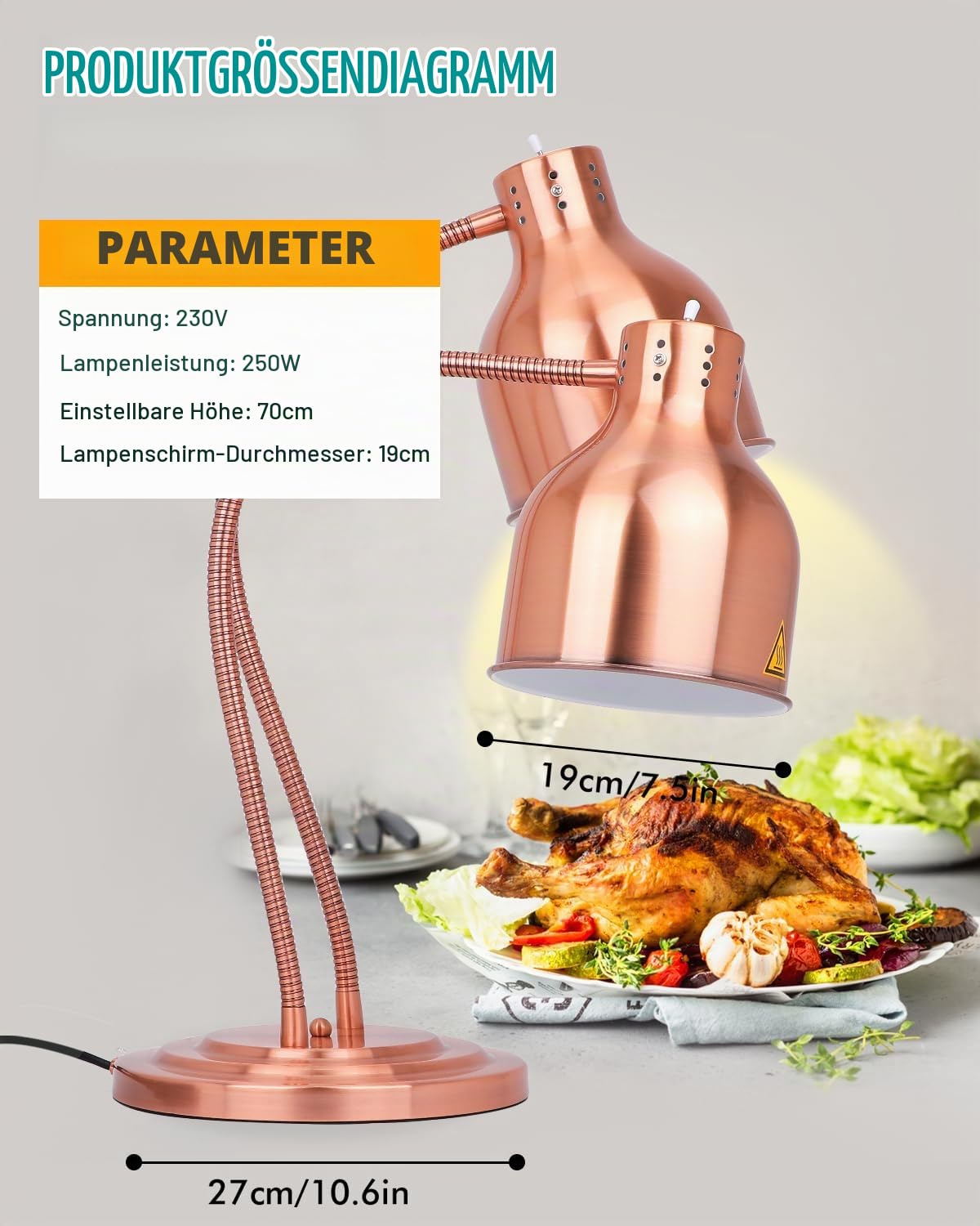 YJINGRUI Zweiflammige Wärmelampe Küche 500W, 70cm Verstellbarer Flexarm