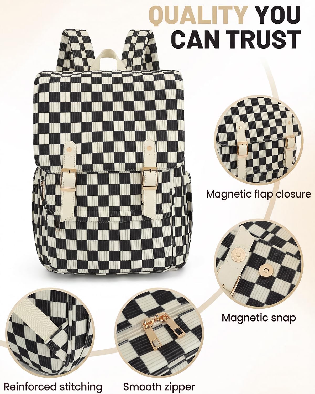 Corduroy Laptop Backpack for Women, Fits 15.6 Inch Computer Bag, College High School Bookbag Travel Daypack Purse, Work Business Bags - Corduroy Checkered Black - Image 4