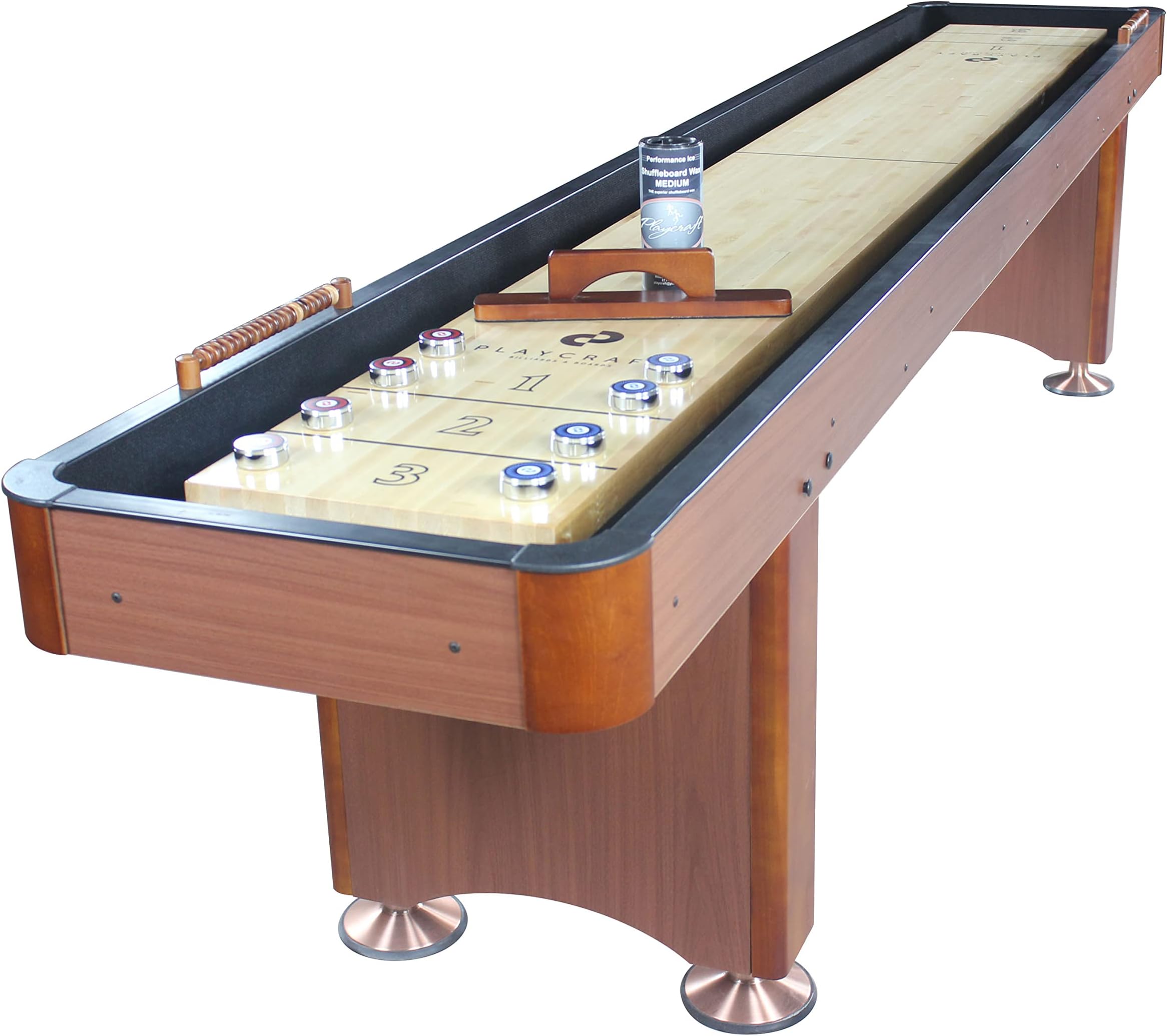 Playcraft Woodbridge Shuffleboard Table with Storage Cabinet - Shuffle Board Game Table Set with Matching Abacus, 8 Pucks, Brush & Wax (Made in USA) - Pro Style Climate Adjusters