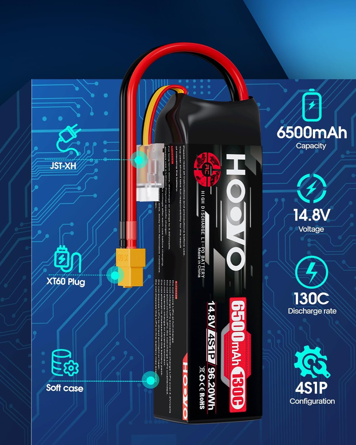 HOOVO 4S Lipo Battery 14.8V 6500mAh 130C RC Battery Pack, Softcase with XT60 Plug for Maxx X-Maxx RC Car Truck Buggy Crawler Airplane Boat RC Vehicle,2Packs
