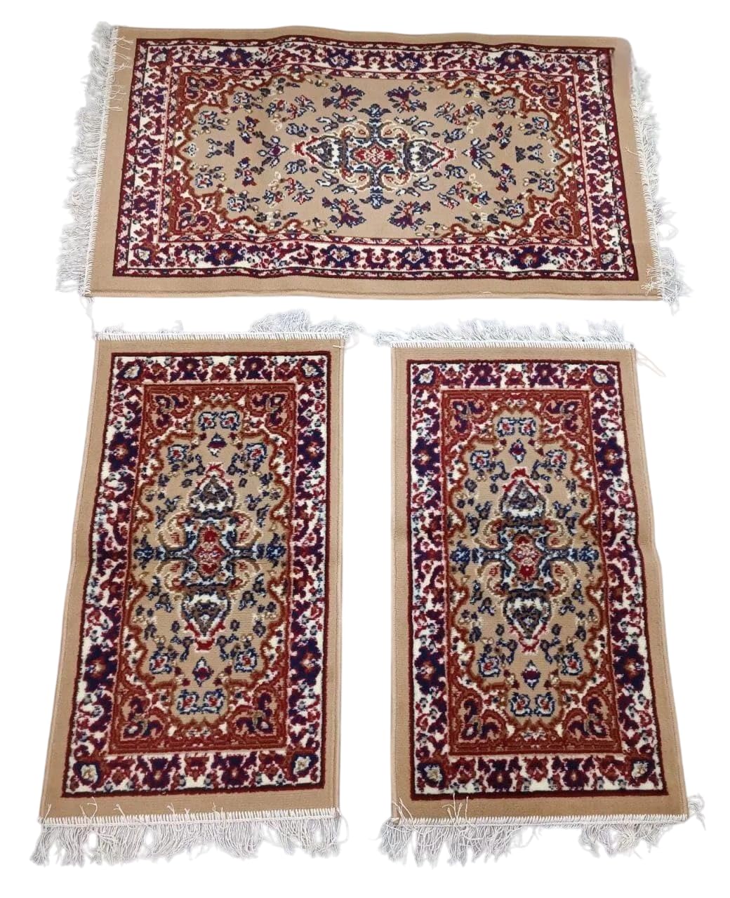 Set 3 Tappeti Forma Rettangolare Camera Letto Scendiletto Persiano Con Frange (Beige)