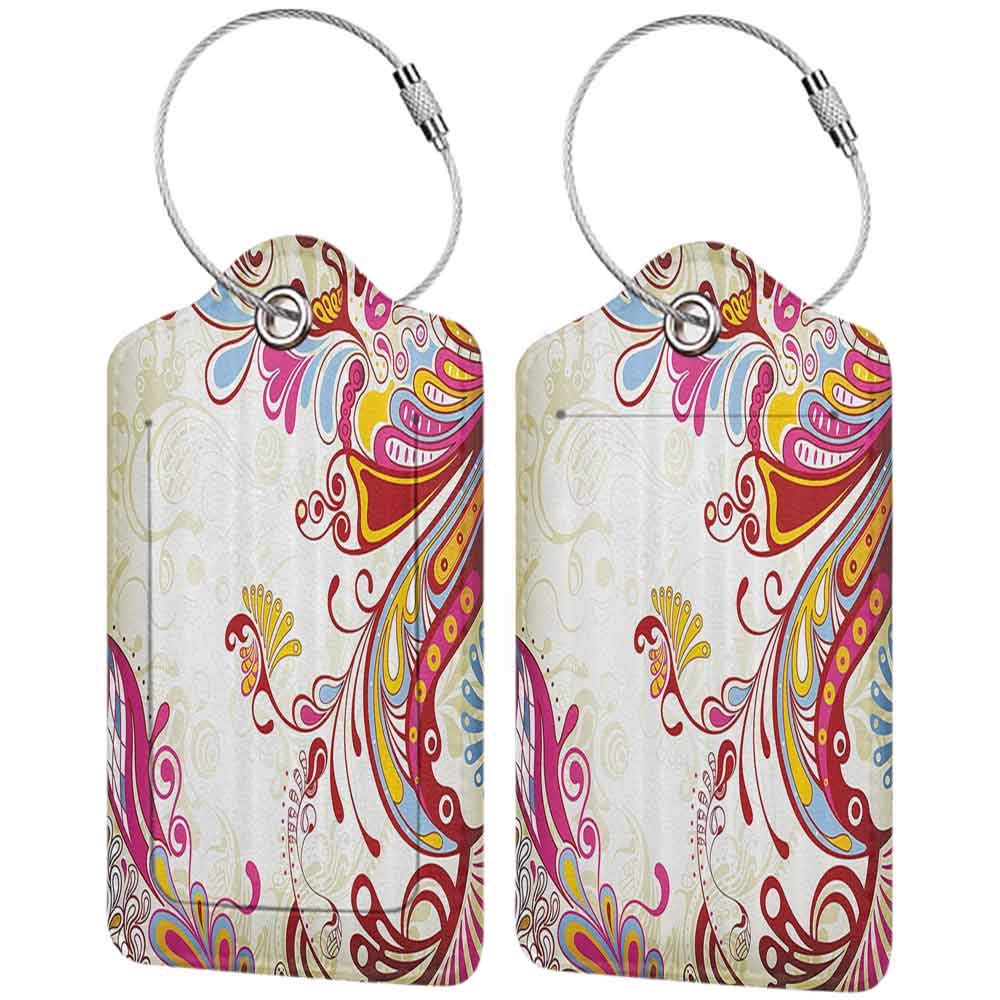 Personalized luggage tag Flower Bouquet with Paisley Pattern Colorful Floral Damask Print in Home Decor Accent Creative Easy to carry Purple Blue Mustard Brown W2.7" x L4.6"