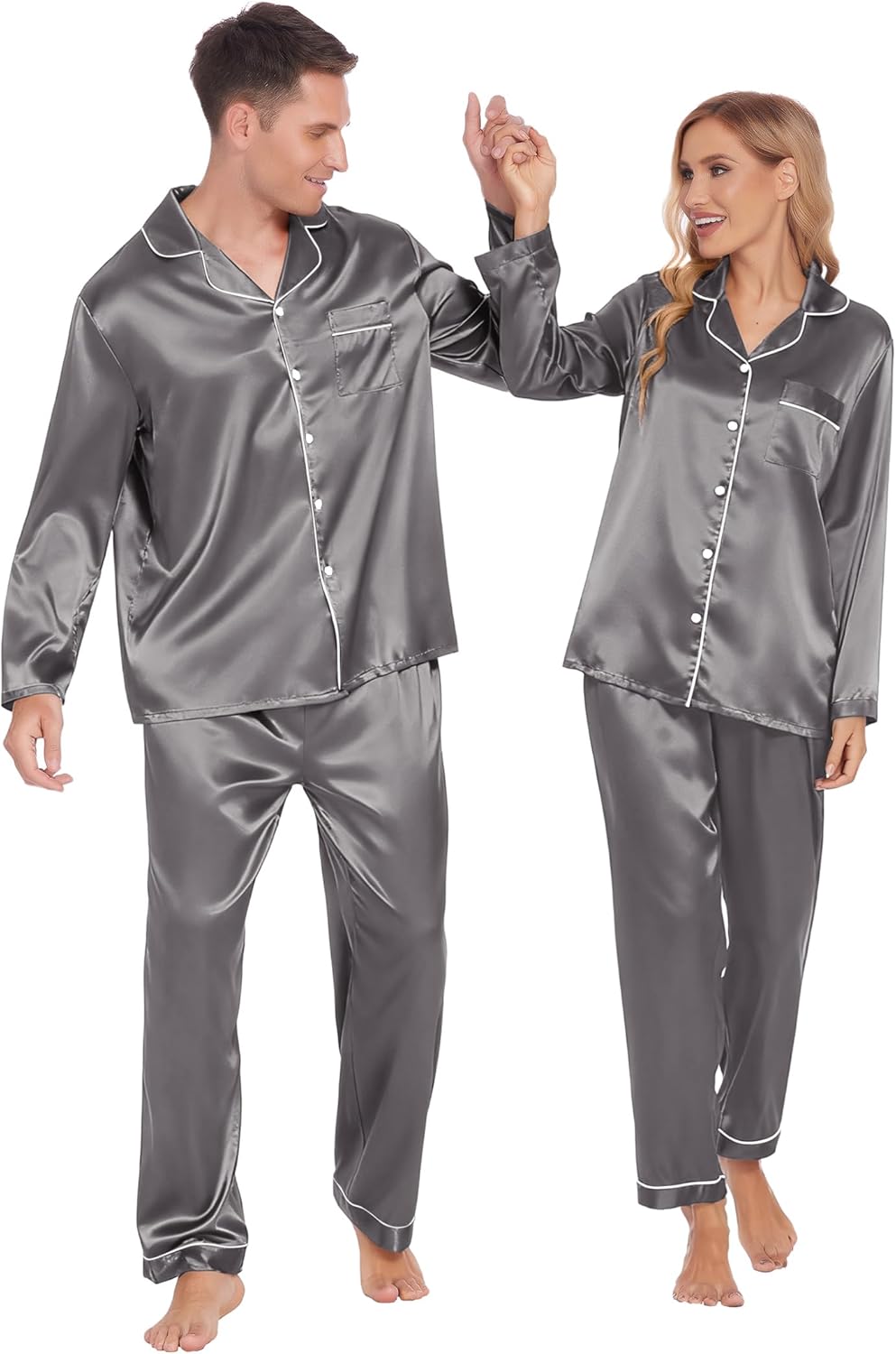 Ekouaer Couples Matching Pajamas Silk Long Sleeve Sleepwear Satin Soft Button Down Loungewear Pjs Set