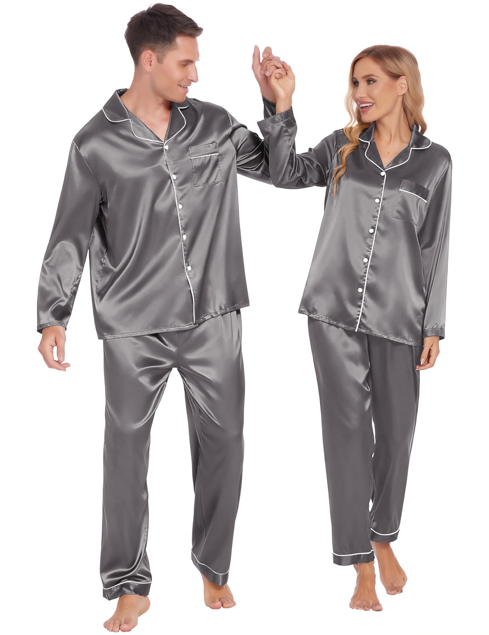 Ekouaer Pijamas a juego para parejas, de seda, de manga larga, de satén, suave, con botones, tallas S-XXL, Gris oscuro, Small