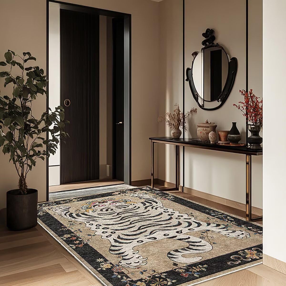 Tibetan Tiger Rug for Entryway Boho Green Tiger Area Rug Washable Leopard Print Rug for Bedroom Kitchen Non Slip Low Pile Animal Floor Mat (Black, 60x90 CM) — image 1
