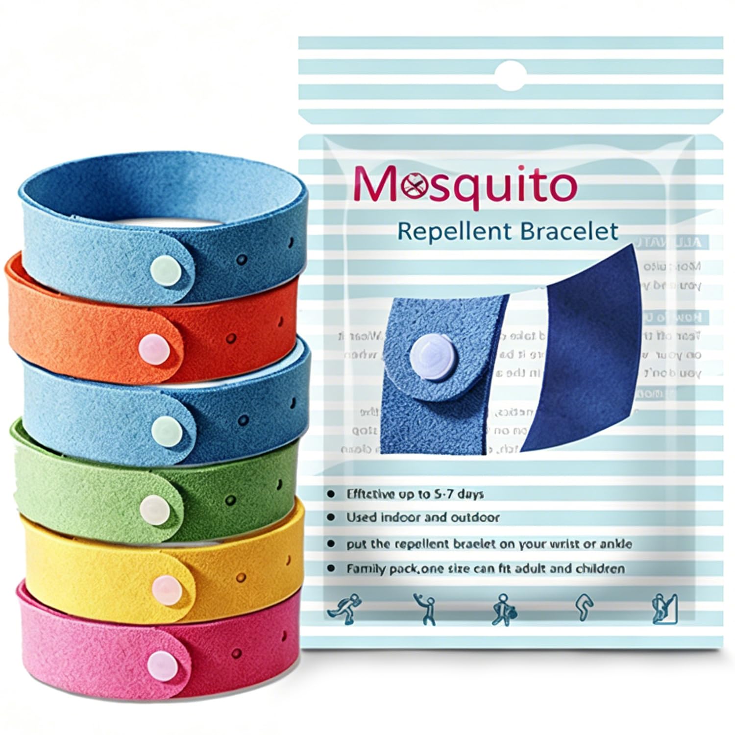 Spiritzohic Mosquito Repellent Microfiber Bracelets (6 Count), Adjustable Microfiber Insect Repellent Band for Adults and Kids, Colorful mosquito repellent bracelet for Outdoor, Camping, Beach
