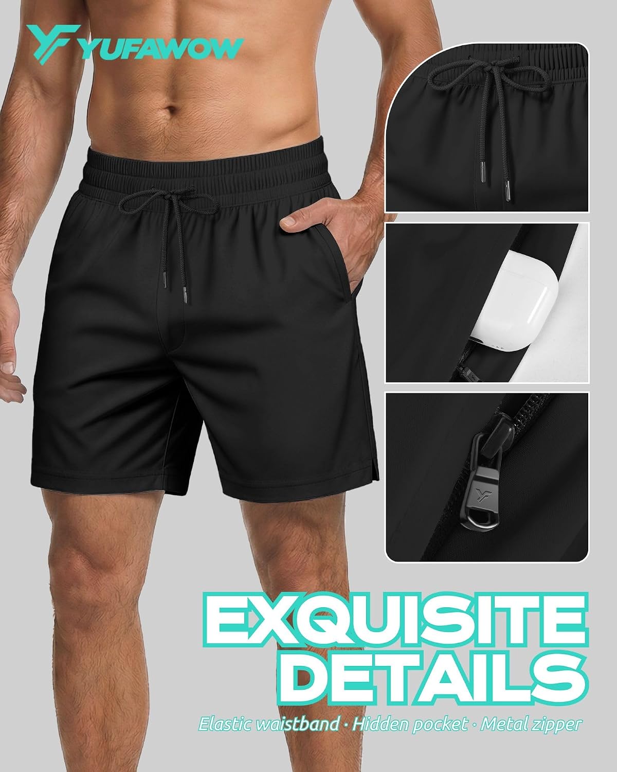 Yufawow Men Swim Trunks with Compression 7 Inches Breathable Liner Quick Dry Zipper Pockets for Board Beach Gym Running