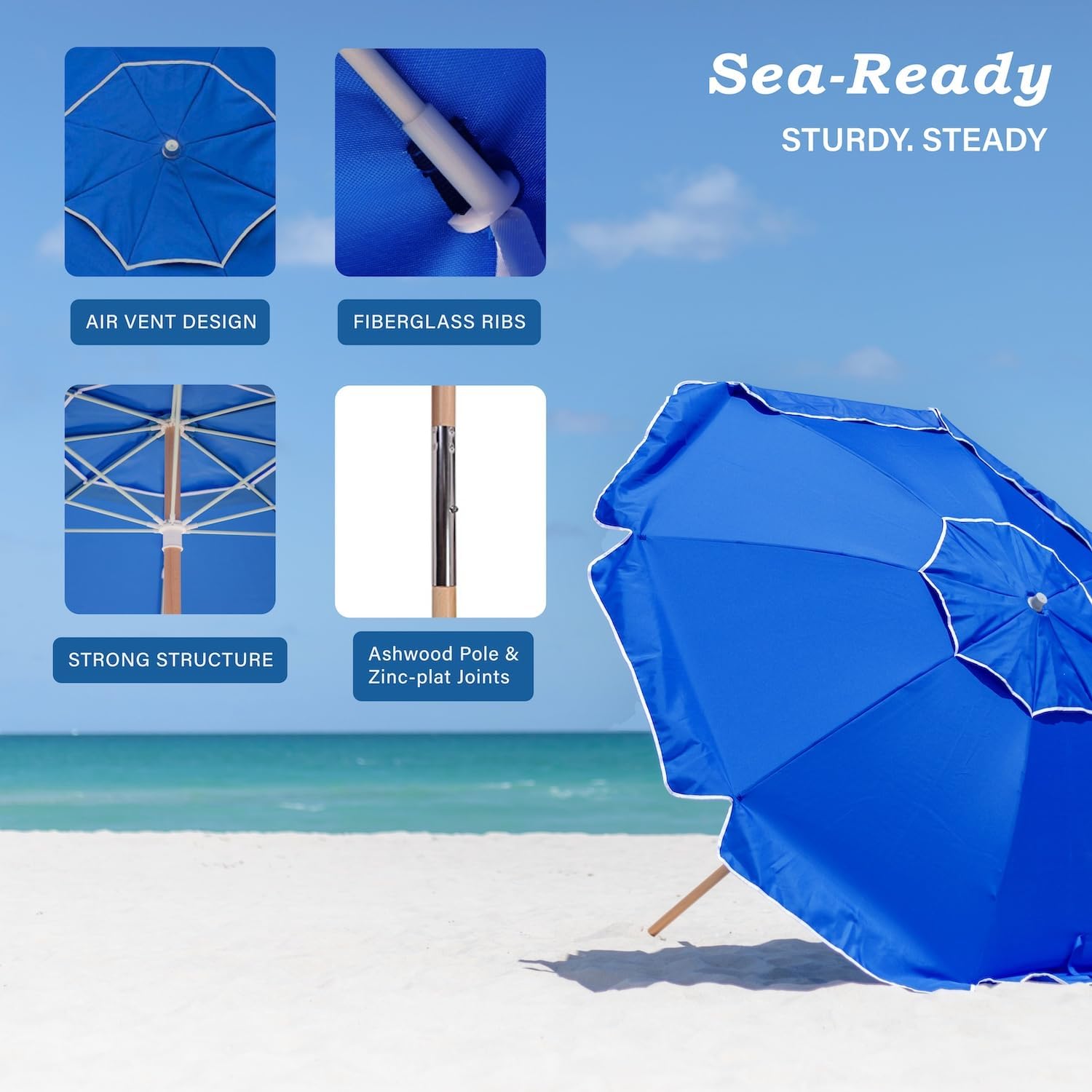 AMMSUN 7.5ft Heavy Duty High Wind Beach Umbrella Commercial Grade with Air Vent Ash Wood Pole & Carry Bag UPF 50+ Sun Protection for Patio Garden Pool Backyard Blue