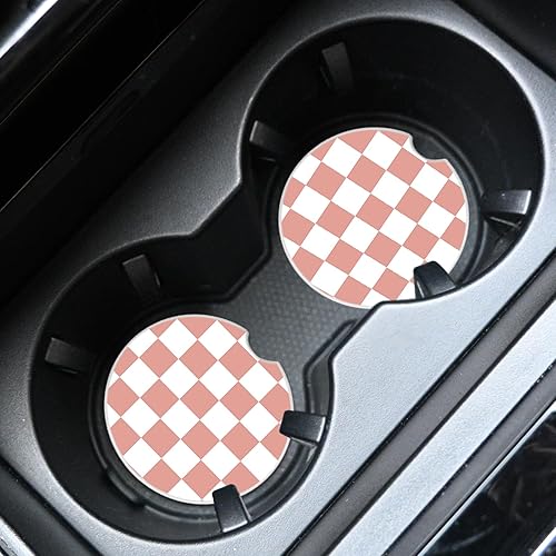Miniatura 5 de 2 posavasos de automóvil a cuadros rosa y blanco, posavasos de cerámica con muesca para dedos, piedra de cerámica de 2.56 pulgadas y base de corcho