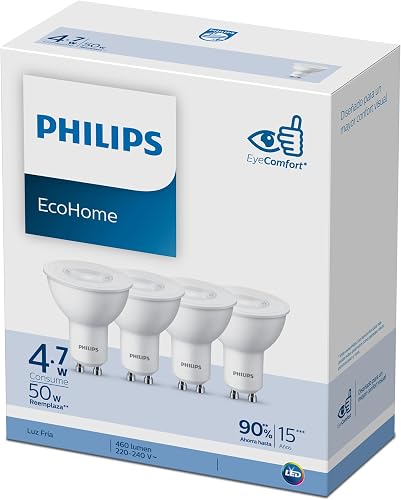 Philips EcoHome GU10 LED Bulb 4.7W (6500K Cool Daylight) - 50W Equivalent, 460 lumen, Non-Dimmable (4-Pack)