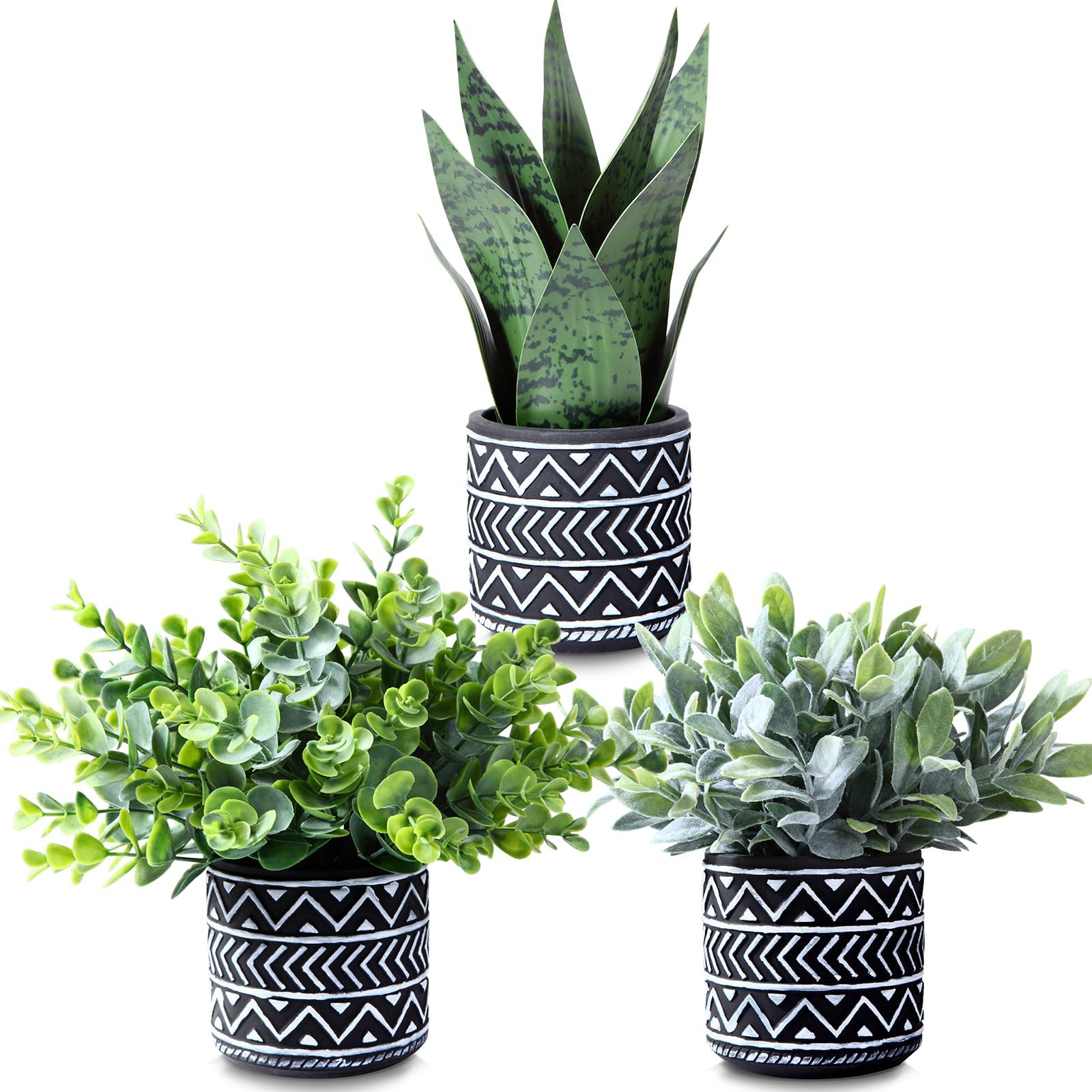 Kazeila 3 Pack Potted Fake Plants Artifical Snake Plant,Greenery Eucalyptus Leaves Plant and Flocked Sage Plant,Faux Desk Plants for Indoor Home Office Farmhouse Kitchen Bathroom Table Decor