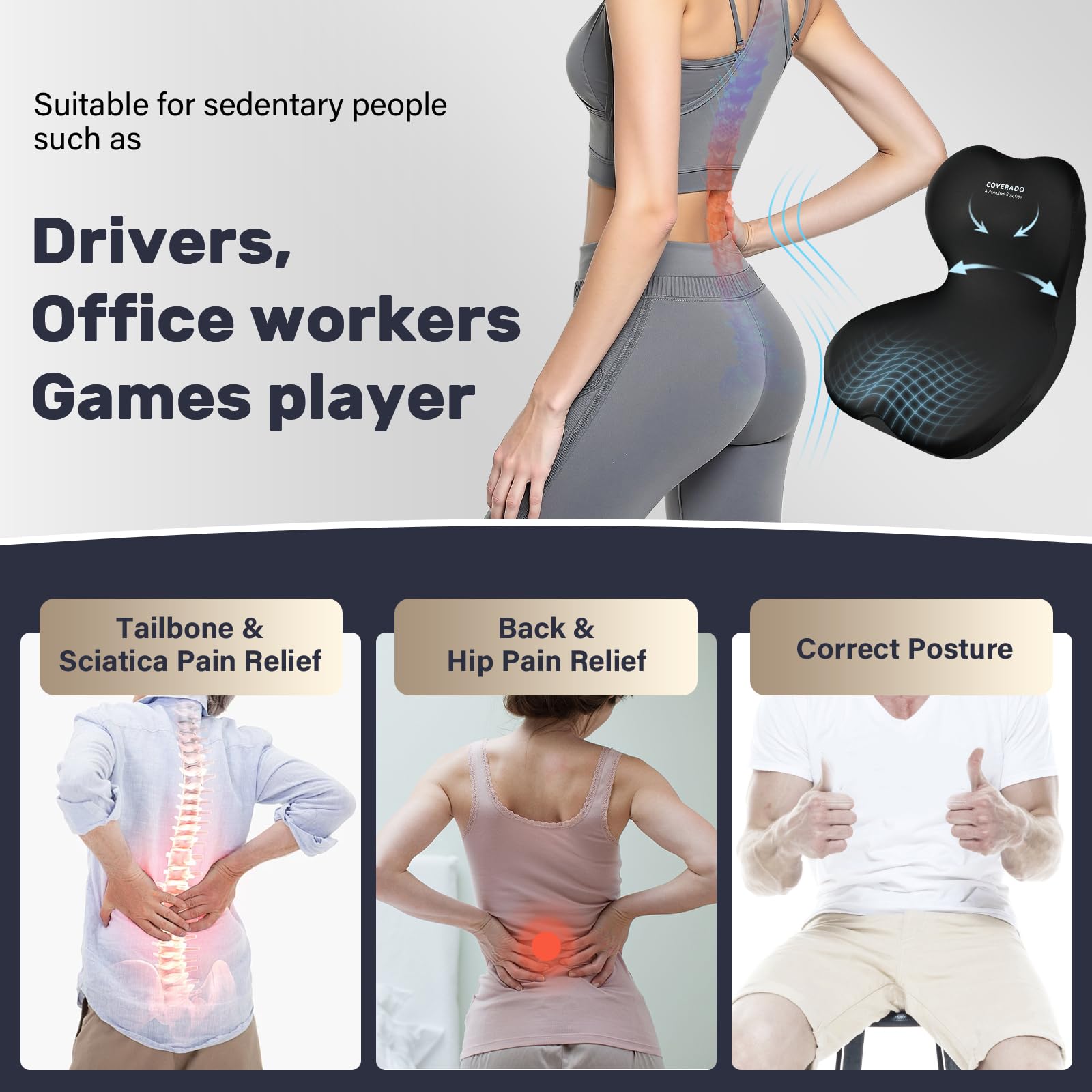 Coverado Cuscino Lombare e Cuscino di seduta Auto, Ergonomico Supporto Lombare per Auto in Memory Foam, Sedia da scrivania Cuscino di sostegno posteriore per la Casa, Ufficio