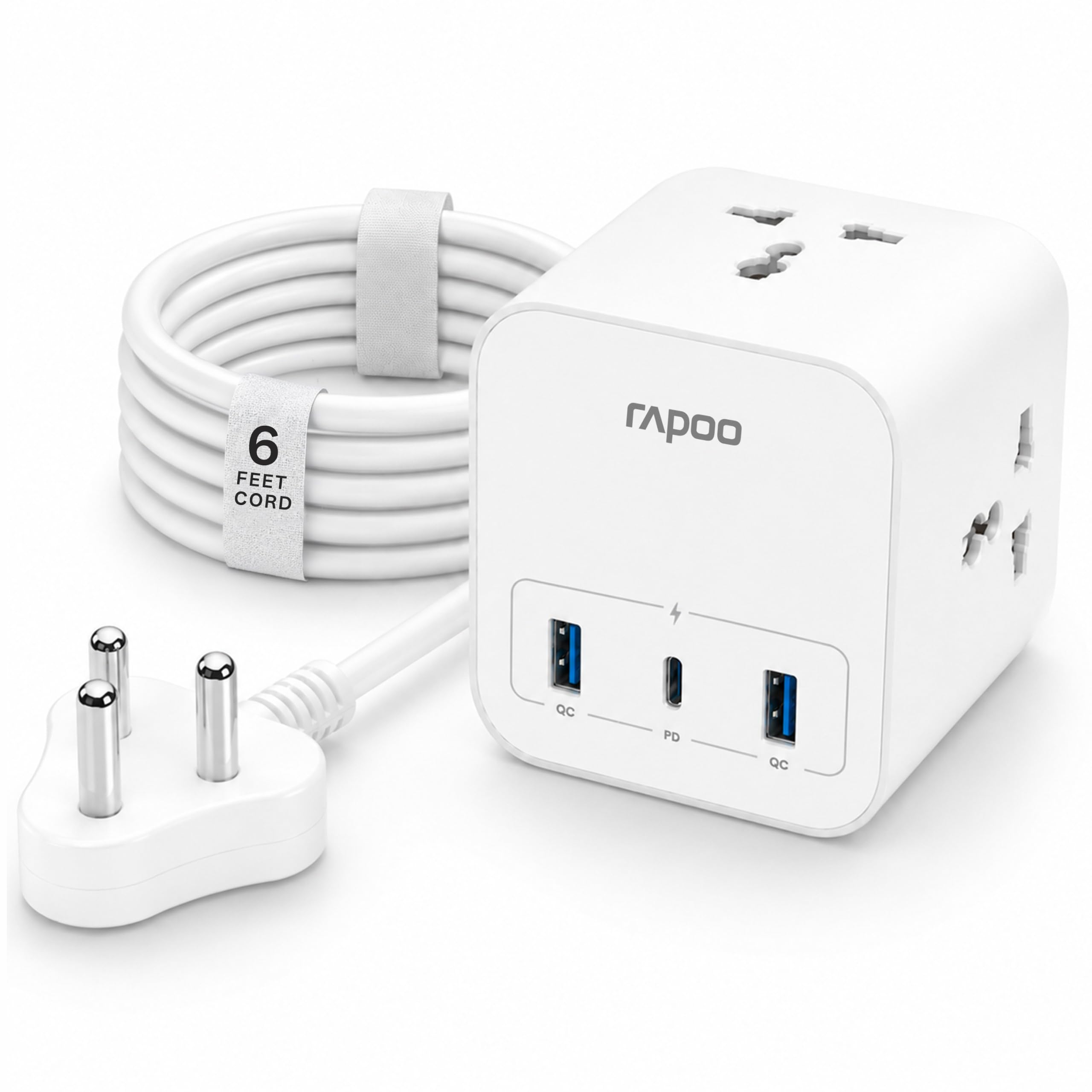 Rapoo SP30 6in1, Heavy Duty Power Extension, 3 AC Socket, 2 USB A, 1 Type C | 3x2500W Universal Power Socket, 2x18W USB Type A, 1x20W Type C, 6Ft Hi Grade Copper Cable, Overload Protection, Child Safety-image-43