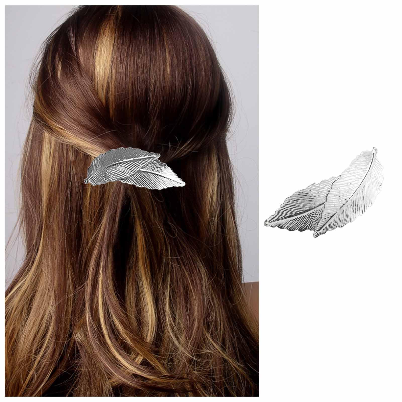 Enautoabs French Metal Hair Barrette Hairclips Silver Large Leaf Hairclip Pin Metal Ponytail Holder Hair Clips Minimalist Barrette Decorative Hair Accessories for Women Headdress(Silver Leaf B)