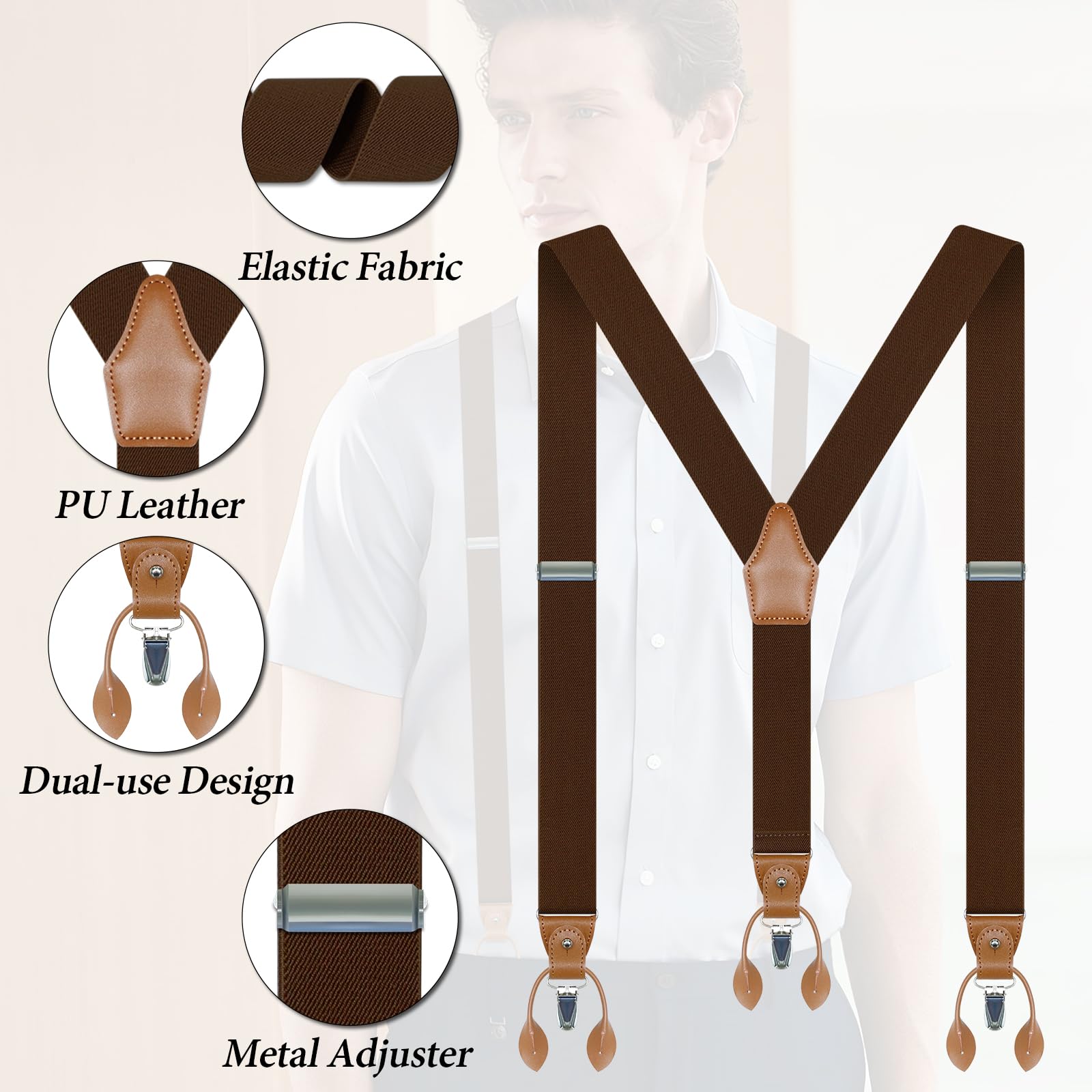 Generisch Szelki męskie szerokie 3,5 cm elastyczne Suspenders Men kształt litery Y, ciemnobrązowy, 120 | Szelki męskie, regulowane, antypoślizgowe, zdejmowane, 3 klipsy, 6 sztuk, skórzane dziurki na guziki