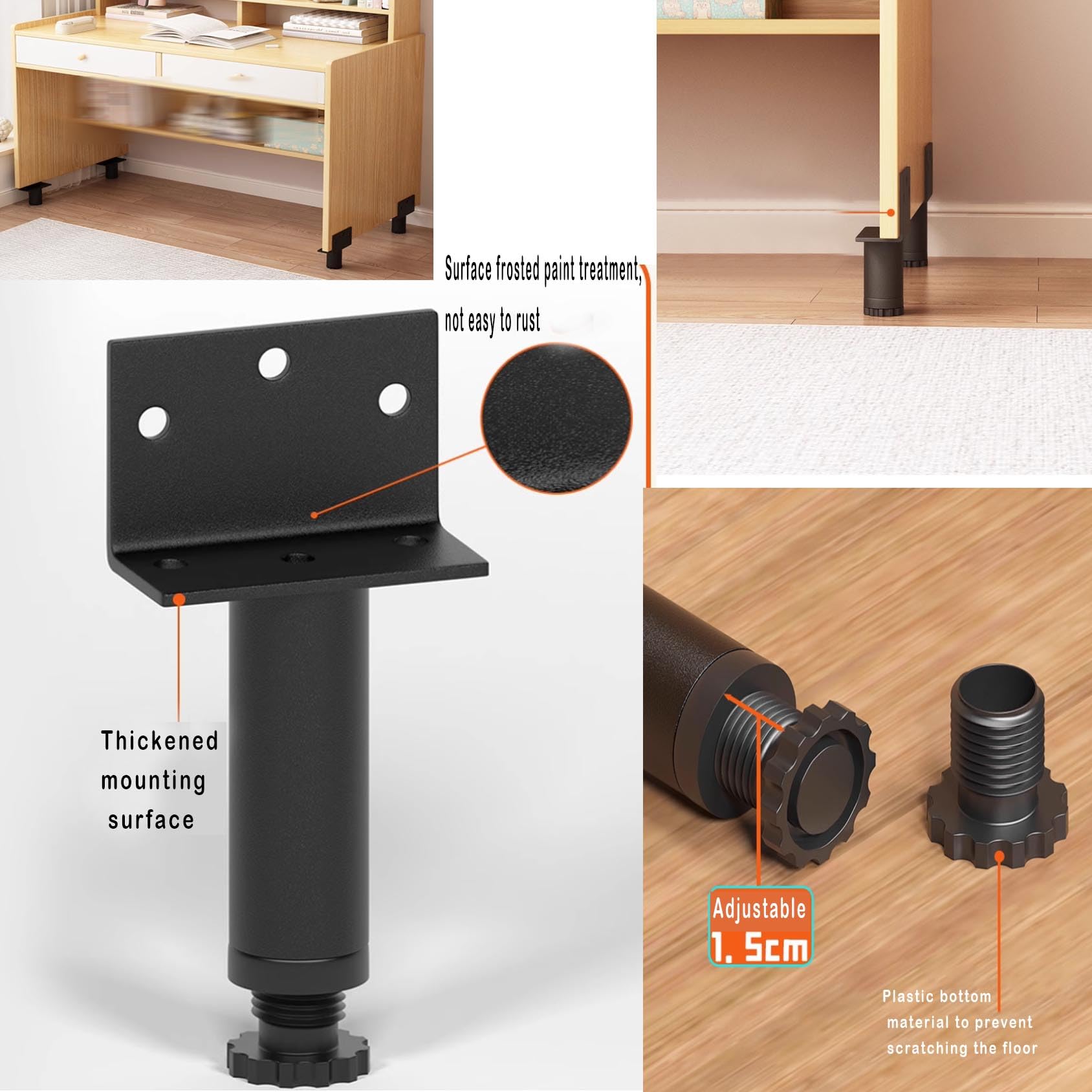 Patas ajustables de metal negro para muebles, paquete de 4 unidades de 30 cm de altura para sofá, cama, armarios, mesitas de noche y muebles de baño, patas de repuesto duraderas y elegantes