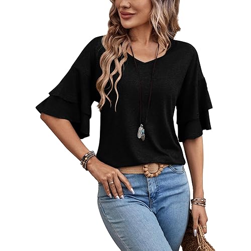 Womens Blouses V Neck Ruffle Sleeve T Shirts Double Tiered Bell Sleeve Top Spring Fall Summer Fashion Clothes Cute Tunic