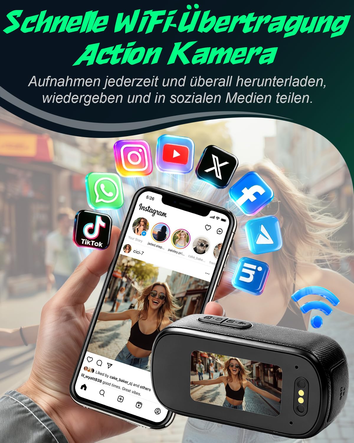 Action Cam 4K, WiFi Mini Bodycam Körperkamera 32GB, 150° Weitwinkel Video Sportkamera, 150° Action Kamera Fahrrad Motorrad Helmkamera, Wasserdicht Actionkamera mit Display für Vlog Outdoor Sportarten