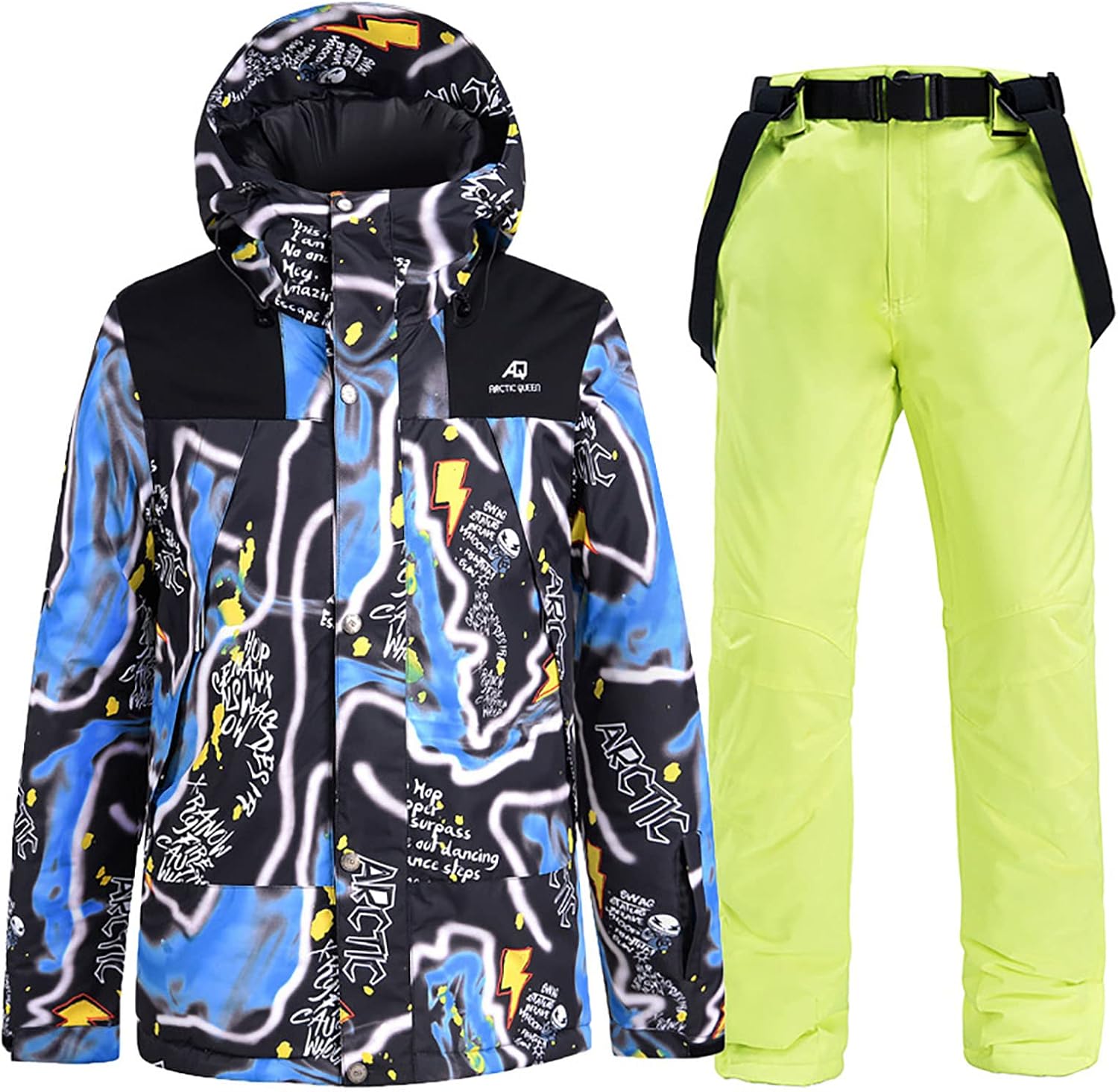 Men's Ski Suit Graffiti Print Snowboard Zip Up Jacket and Pants Outdoor Winter Sports Wear Waterproof Snowsuit