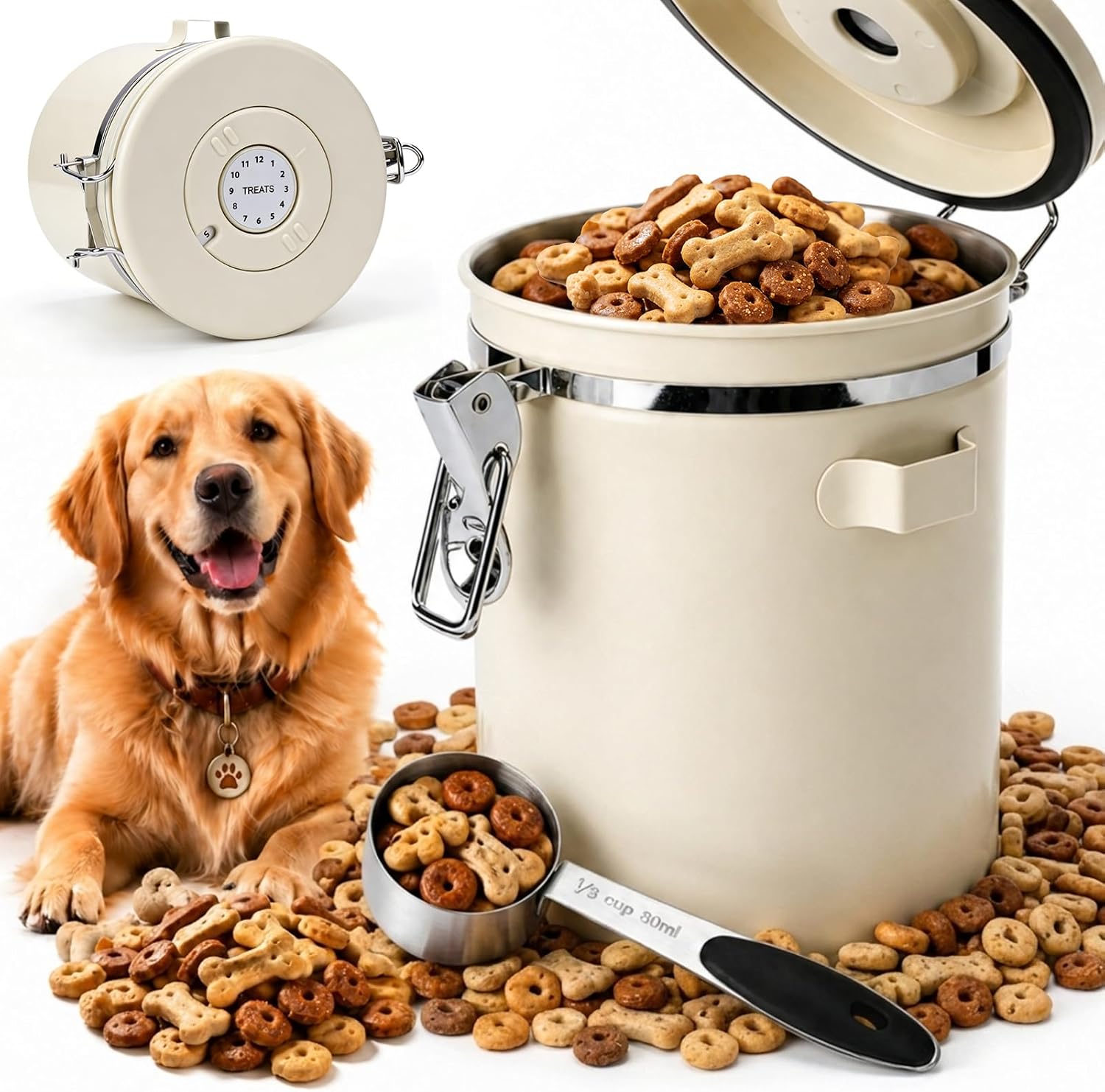 Dog Treat Container Airtight, 1.9 Qt 304 Stainless Steel Dog Treat Jar & Pet Treat Canister with Scoop, Date Dial, Locking Clamp, Silicone Seal for Dog Biscuits, Cookies, Training Snacks