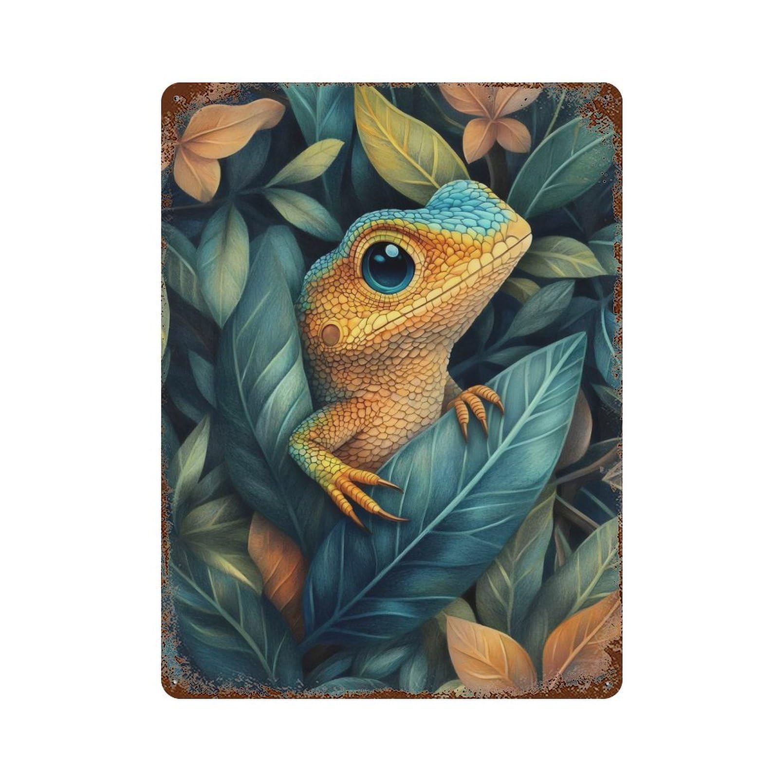 Rust Effect Lizard In Lush Foliage Rusty Metal Tin Sign 15.7"x11.8", Farmhouse Wall Decor for Shed, Workshop And Garage Wall Decor