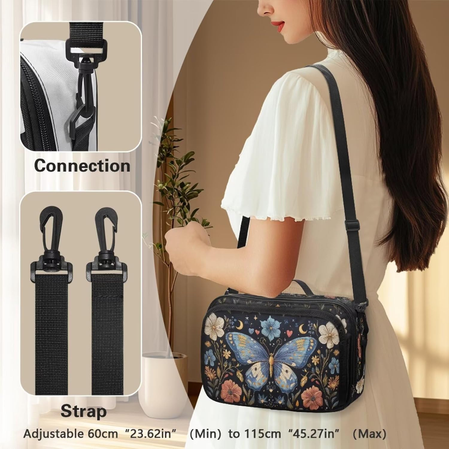 Blue Butterfly Stroller Caddy with Cup Holder Portable Stroller Organizer Bag with Adjustable Strap Large Capacity Baby Strollers Bag for Travel Fits Most Strollers