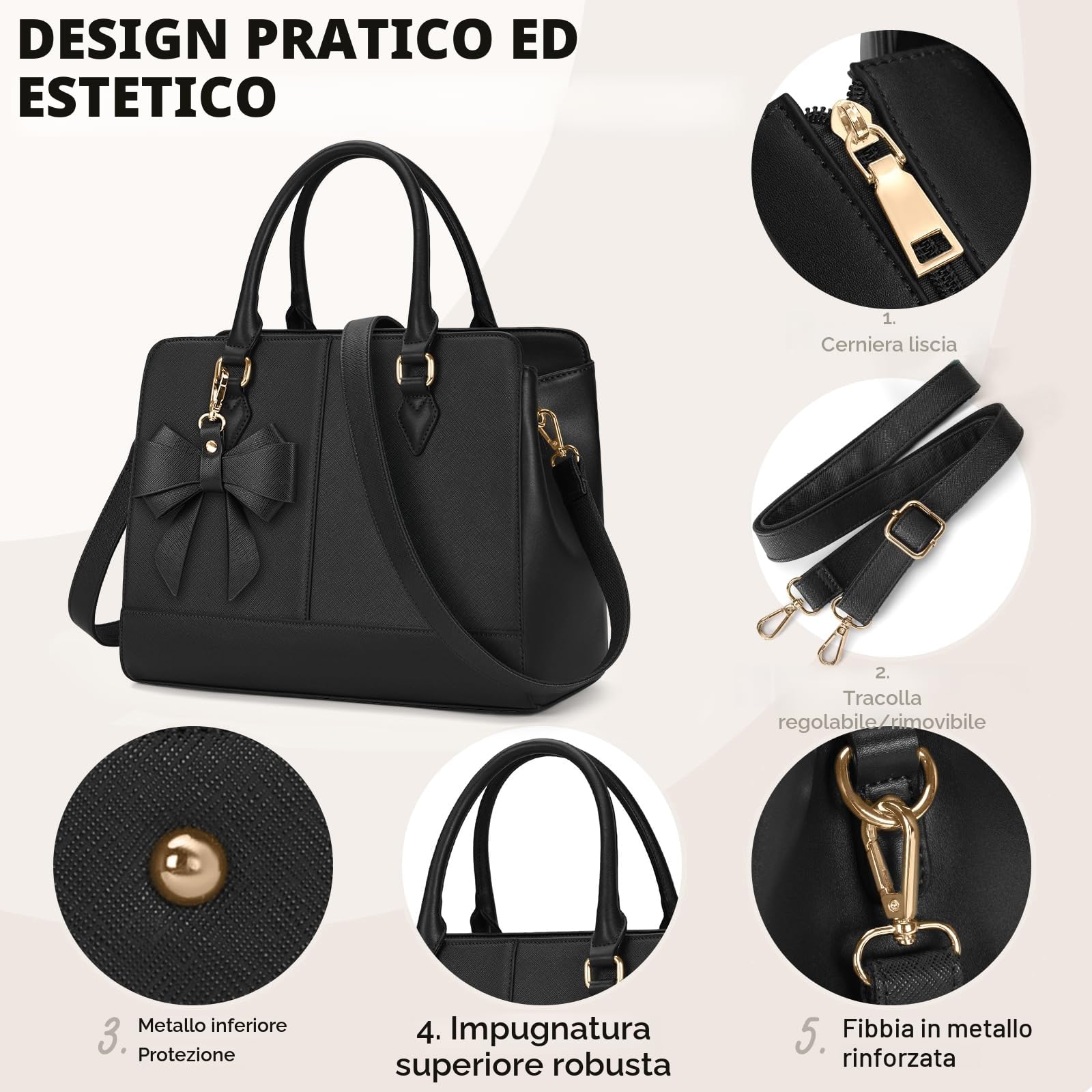 RAINSMORE Borsa a Mano Donna Media Pelle PU Borsa Lavoro Donna Borsetta a Spalla Borse Tracolla Ufficio Shopping Bag Tote Firmata 13 Pollici Nero