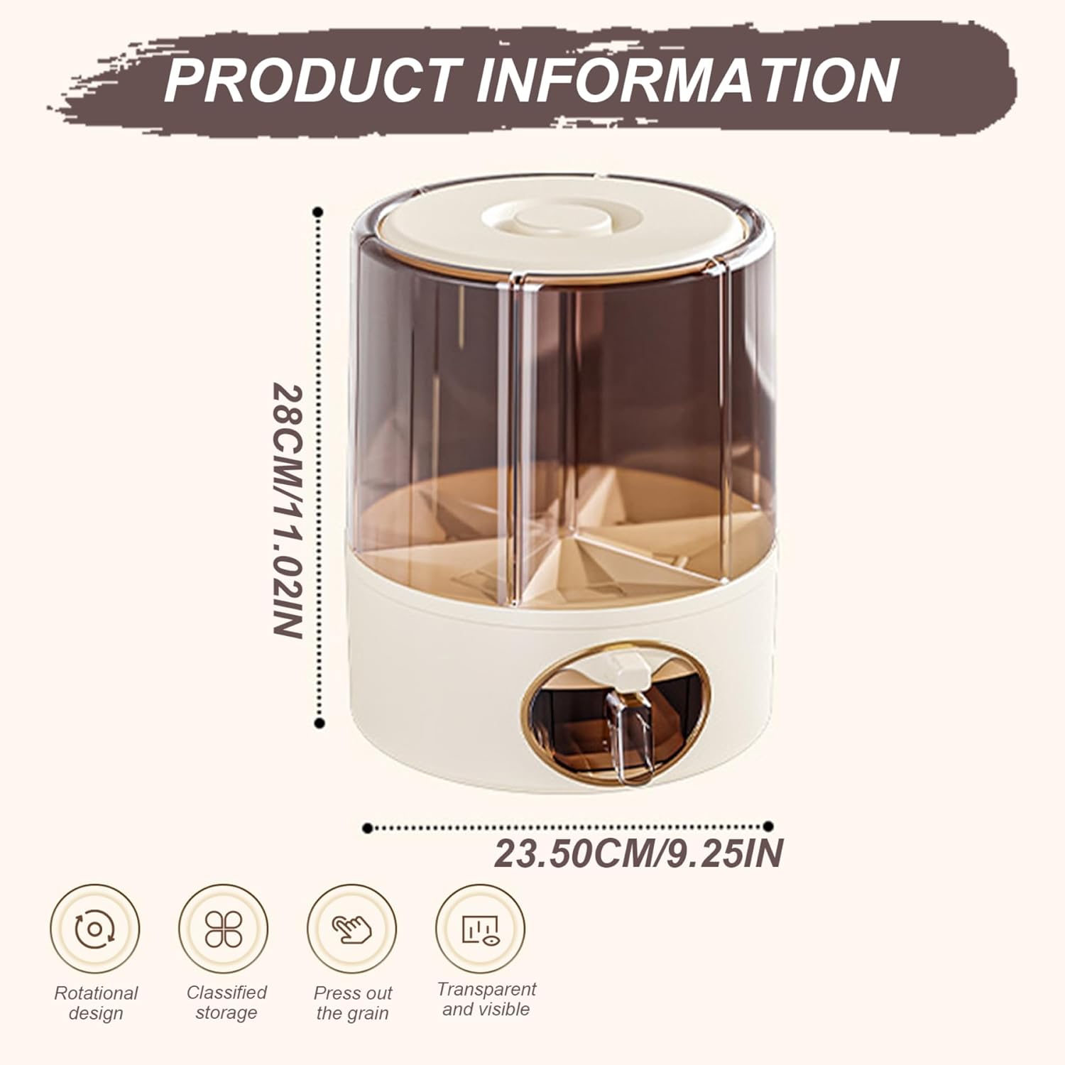 Grain Dispenser, 360° Rotating Clear Rice Bucket with 6 Compartment, One-Click Output Cereal Dispenser with Lid for Kitchen, 9.25x11.02 inch, Kitchen Storage Organisation